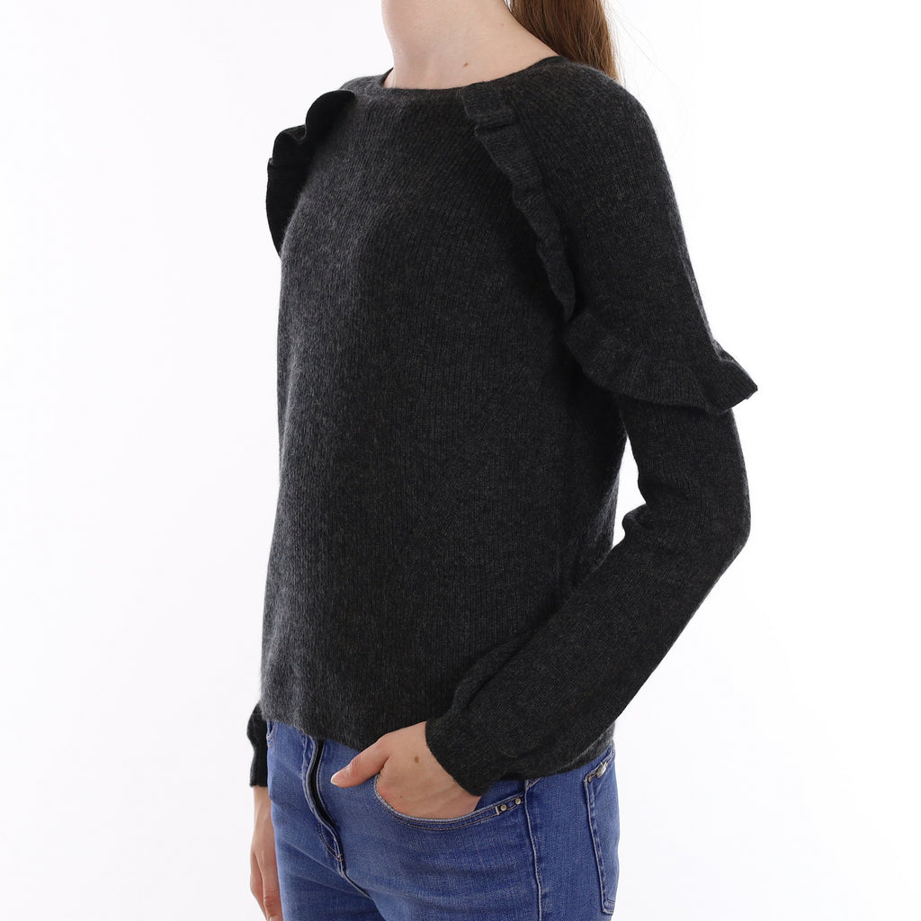 Charcoal Grey Cashmere Ruffled Crew Neck Jumper Extra Small