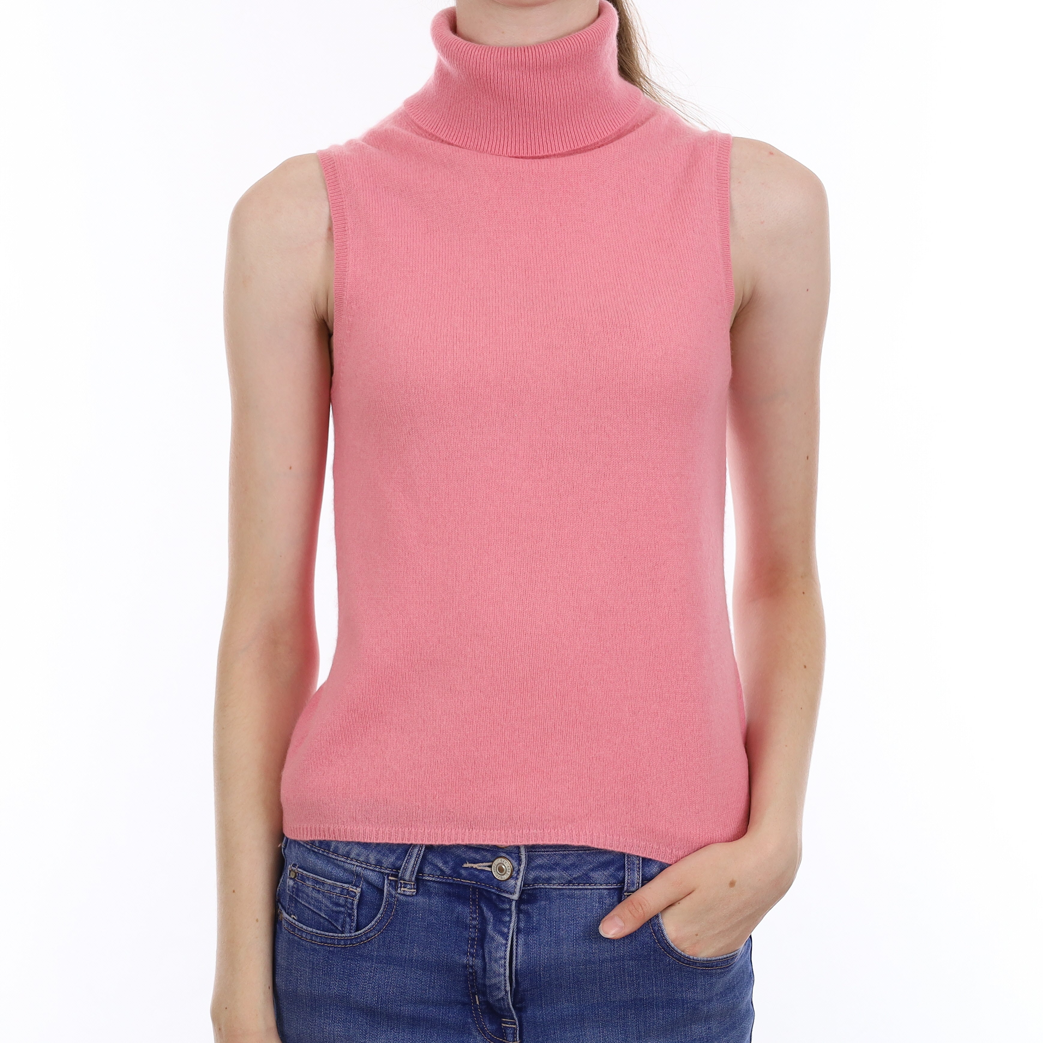 Bubblegum Pink Cashmere Sleeveless Polo Neck Jumper Extra Small