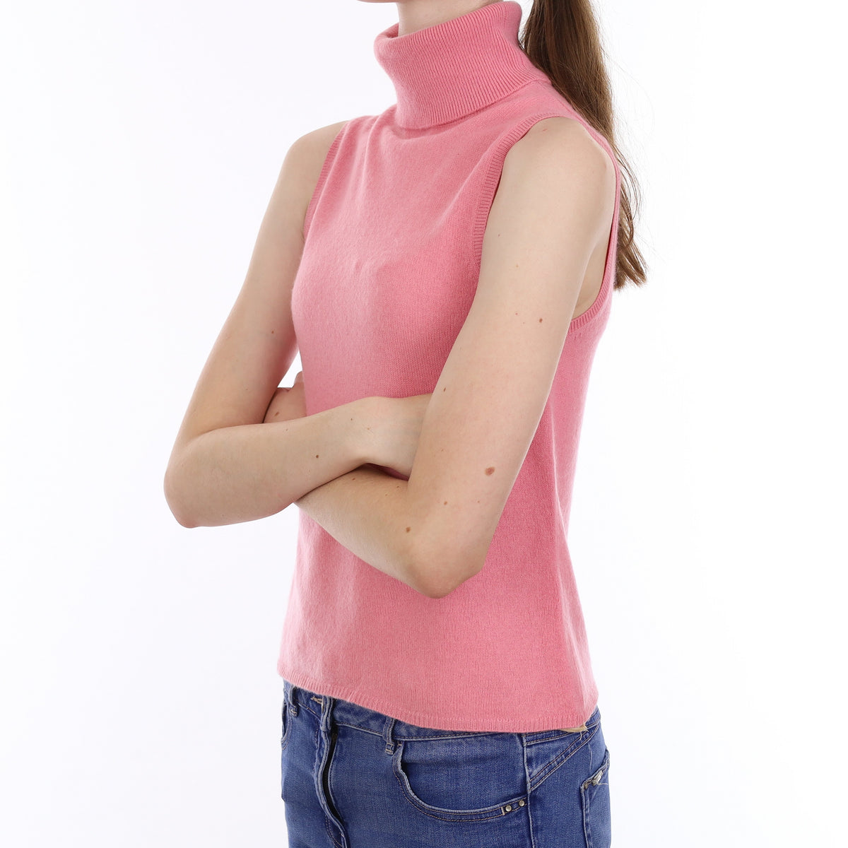 Bubblegum Pink Cashmere Sleeveless Polo Neck Jumper Extra Small