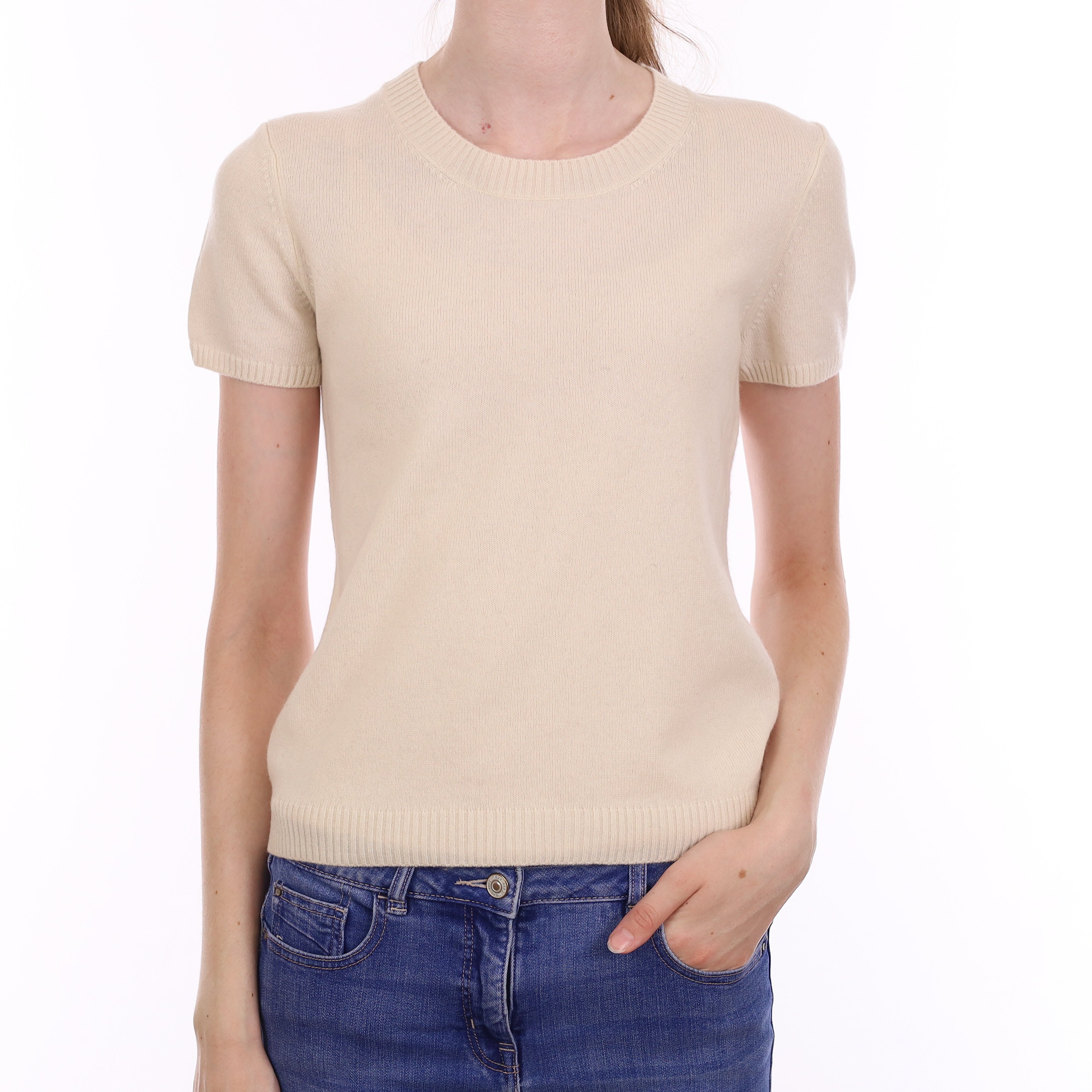 Ivory Cashmere Short Sleeve Crew Neck Jumper Extra Small