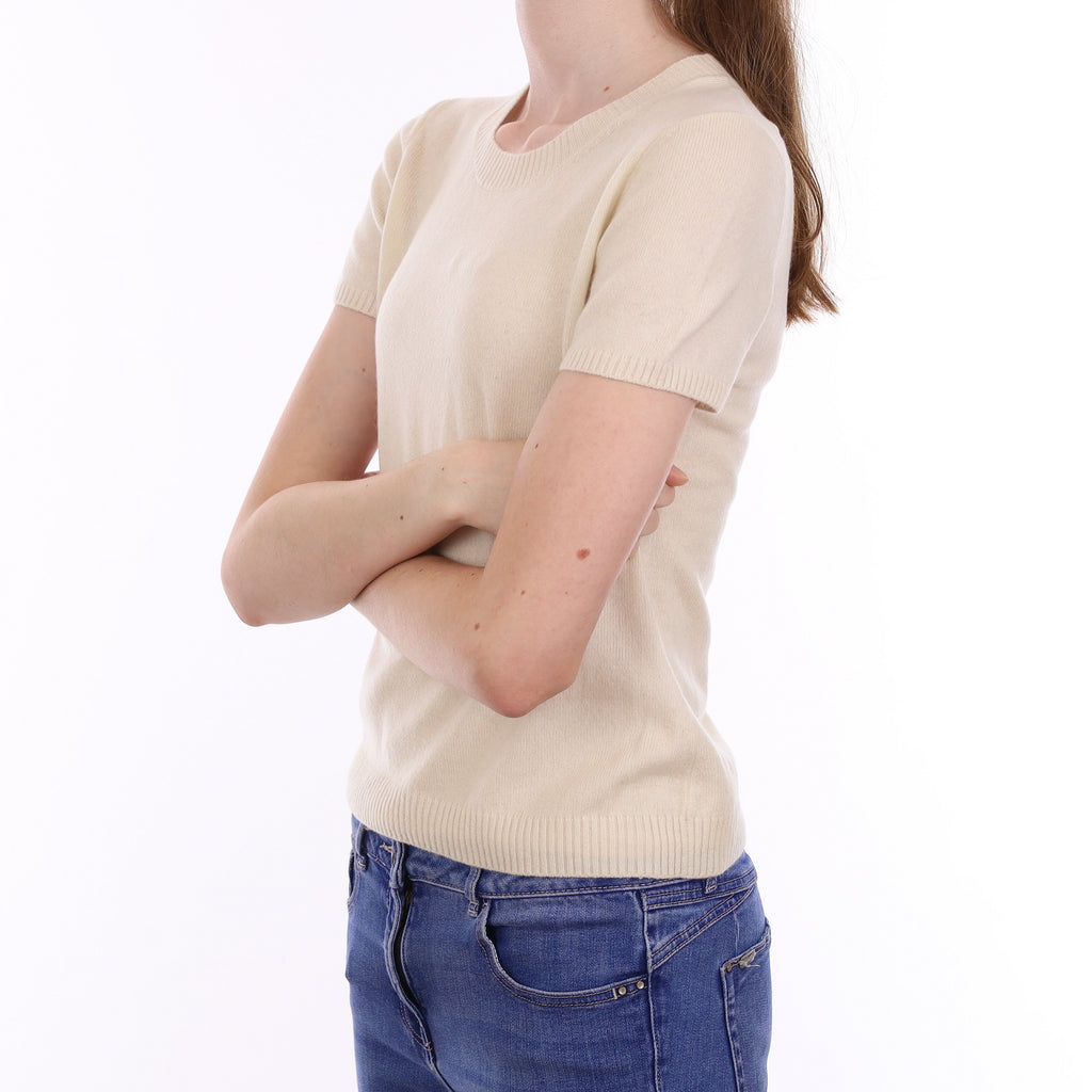 Ivory Cashmere Short Sleeve Crew Neck Jumper Extra Small