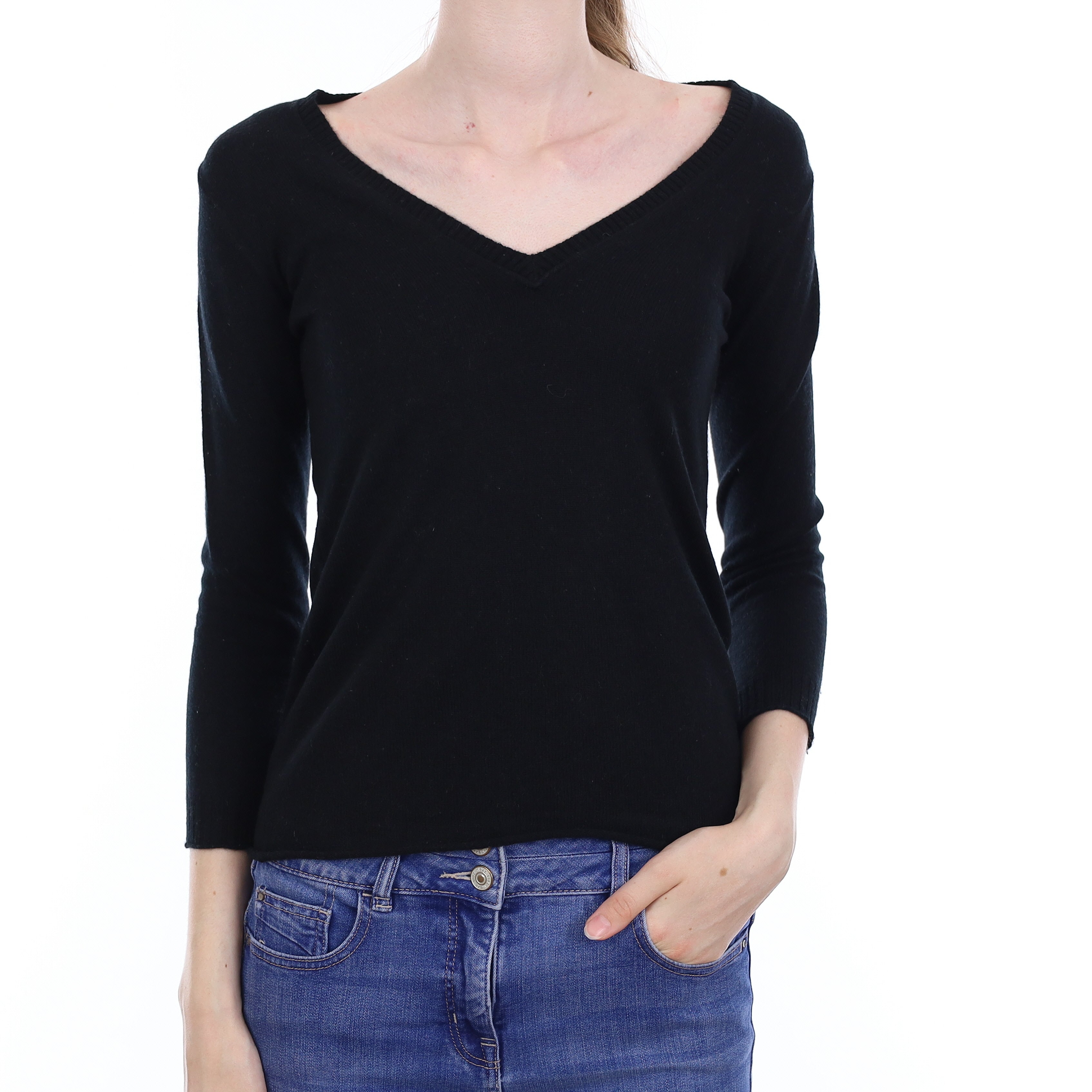 Black Cashmere 3/4 Sleeve V Neck Jumper Extra Small
