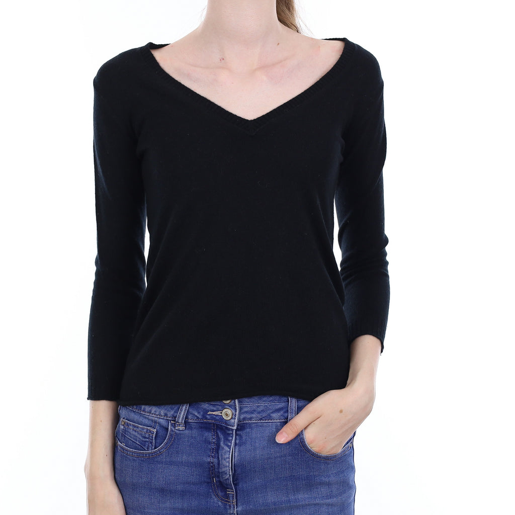 Black Cashmere 3/4 Sleeve V Neck Jumper Extra Small