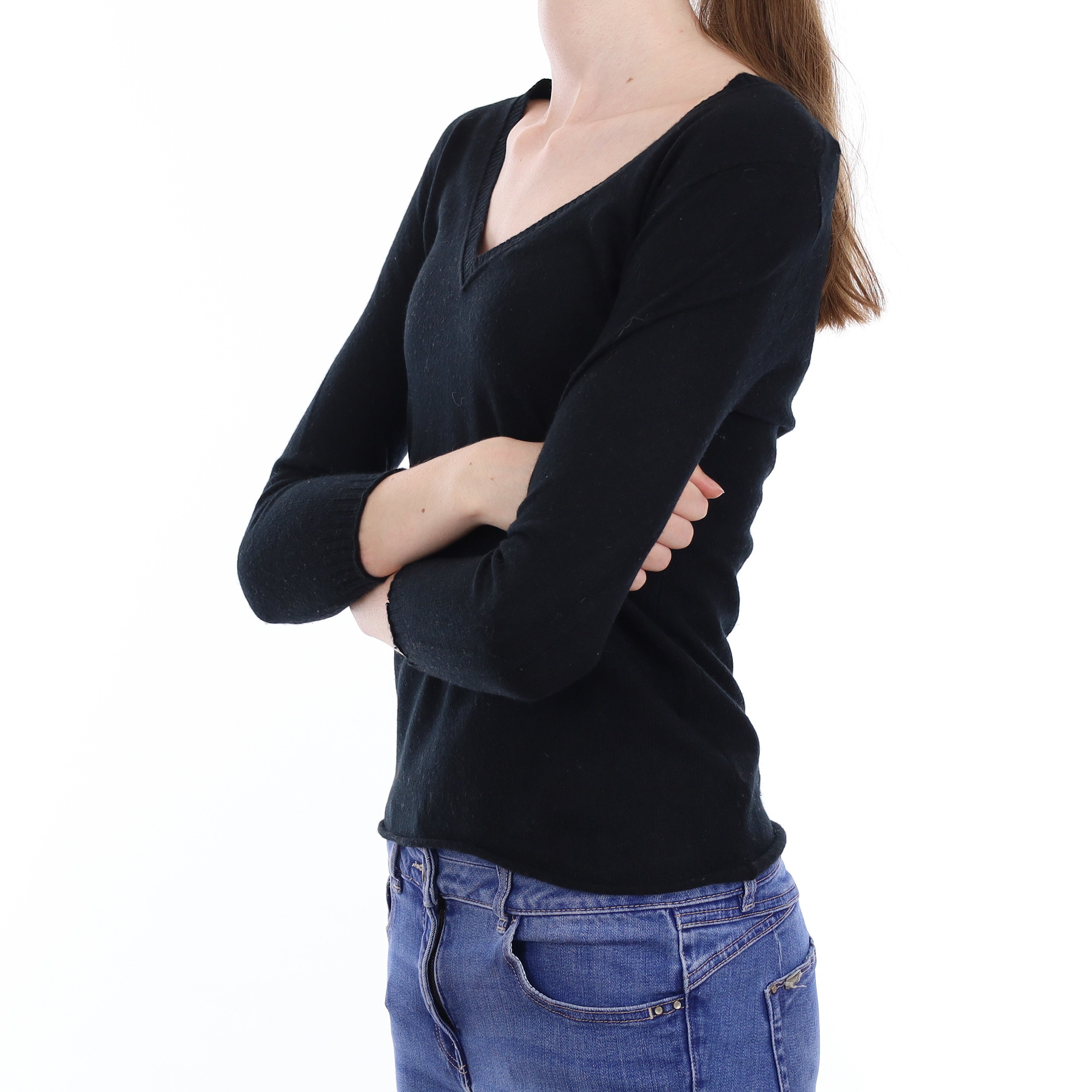 Black Cashmere 3/4 Sleeve V Neck Jumper Extra Small