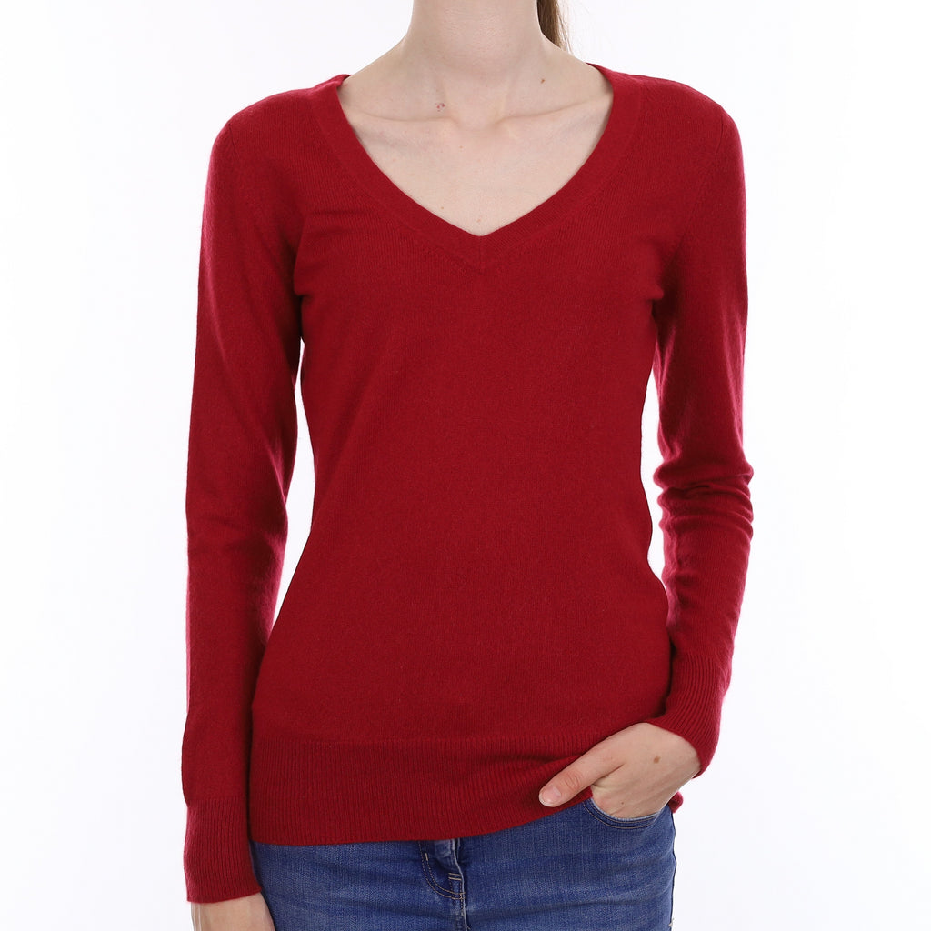 Crimson Red Cashmere V Neck Jumper Extra Small