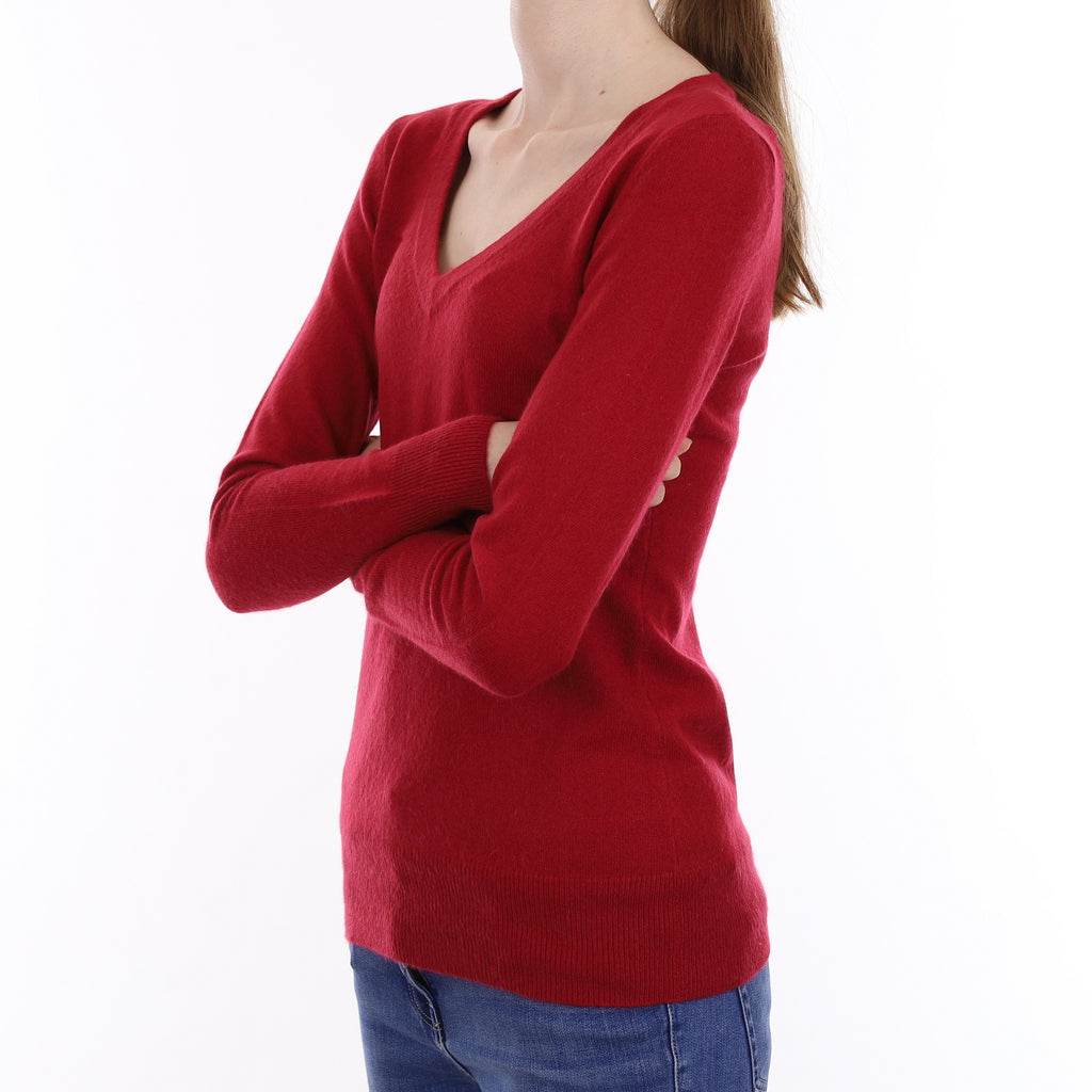Crimson Red Cashmere V Neck Jumper Extra Small