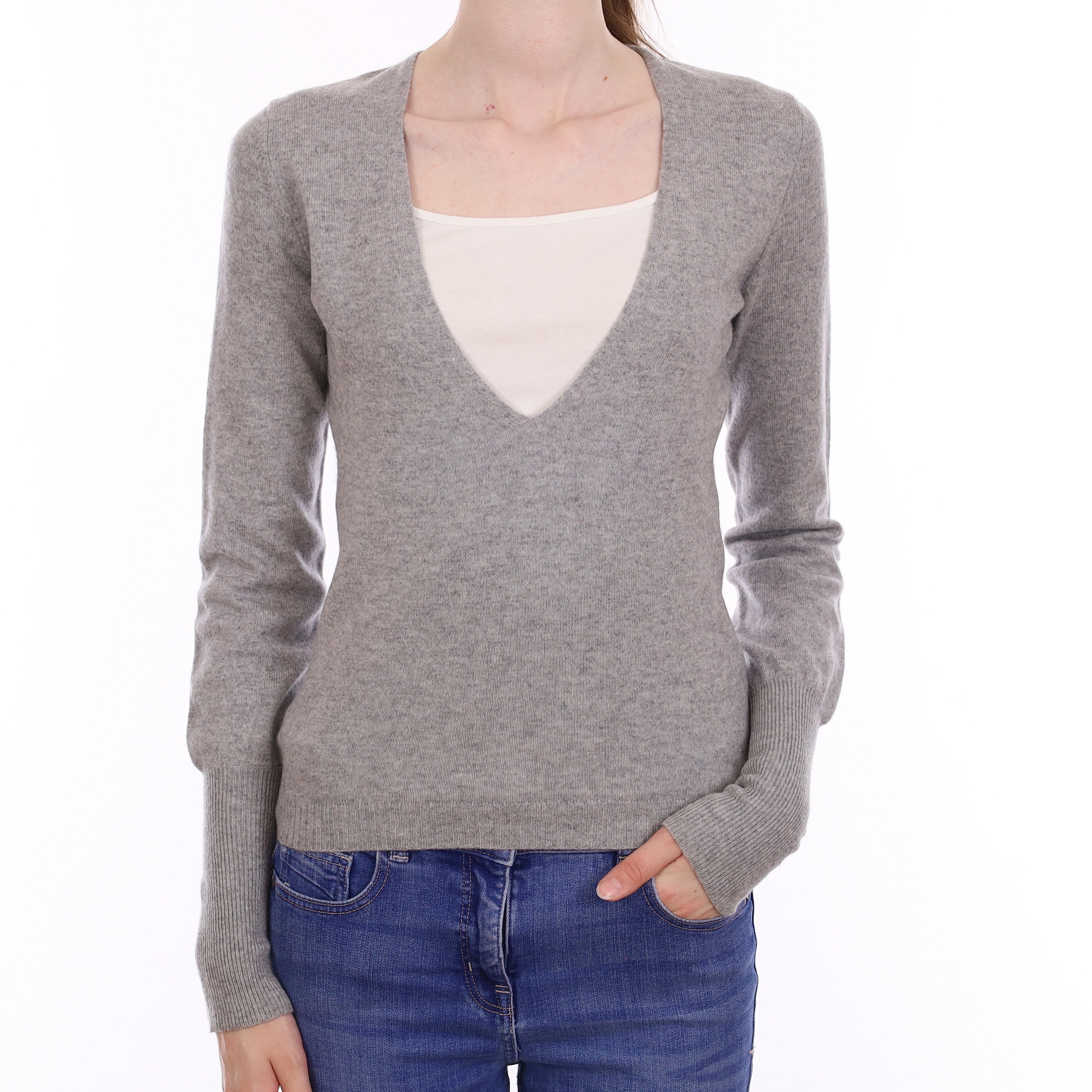 Smoke Grey Cashmere Low V Neck Jumper Extra Small