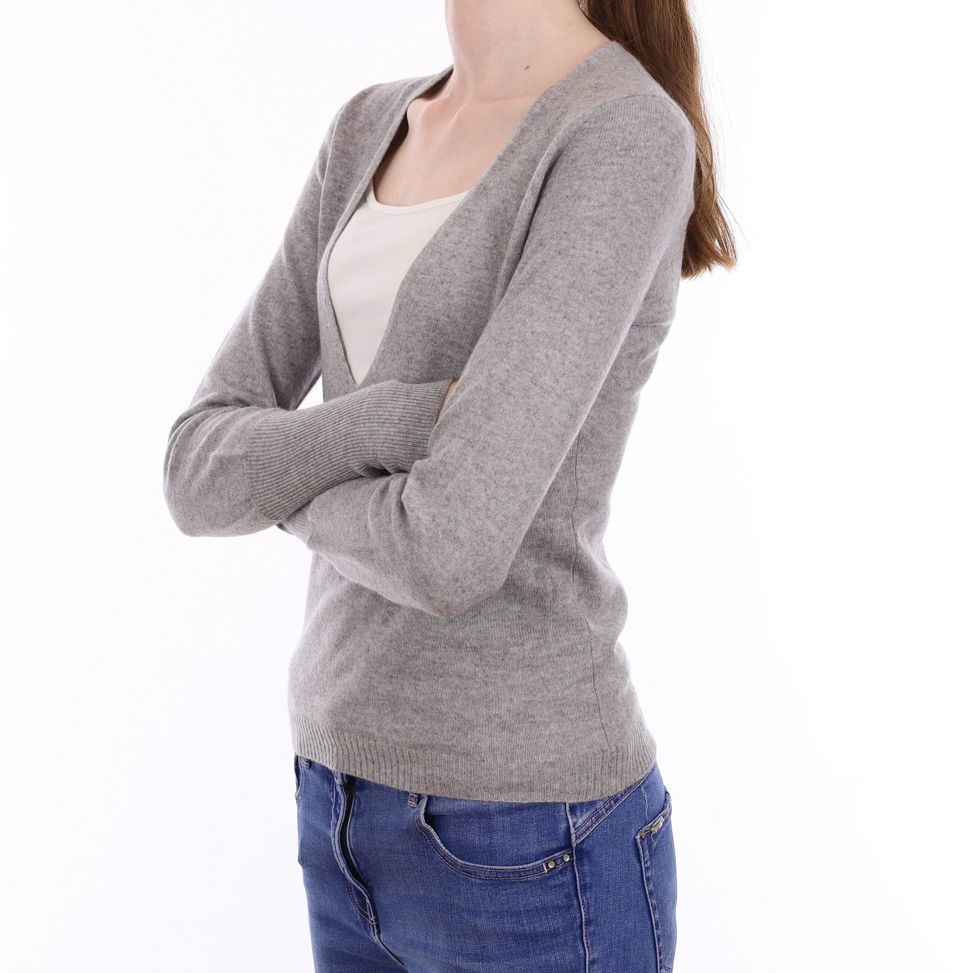 Smoke Grey Cashmere Low V Neck Jumper Extra Small