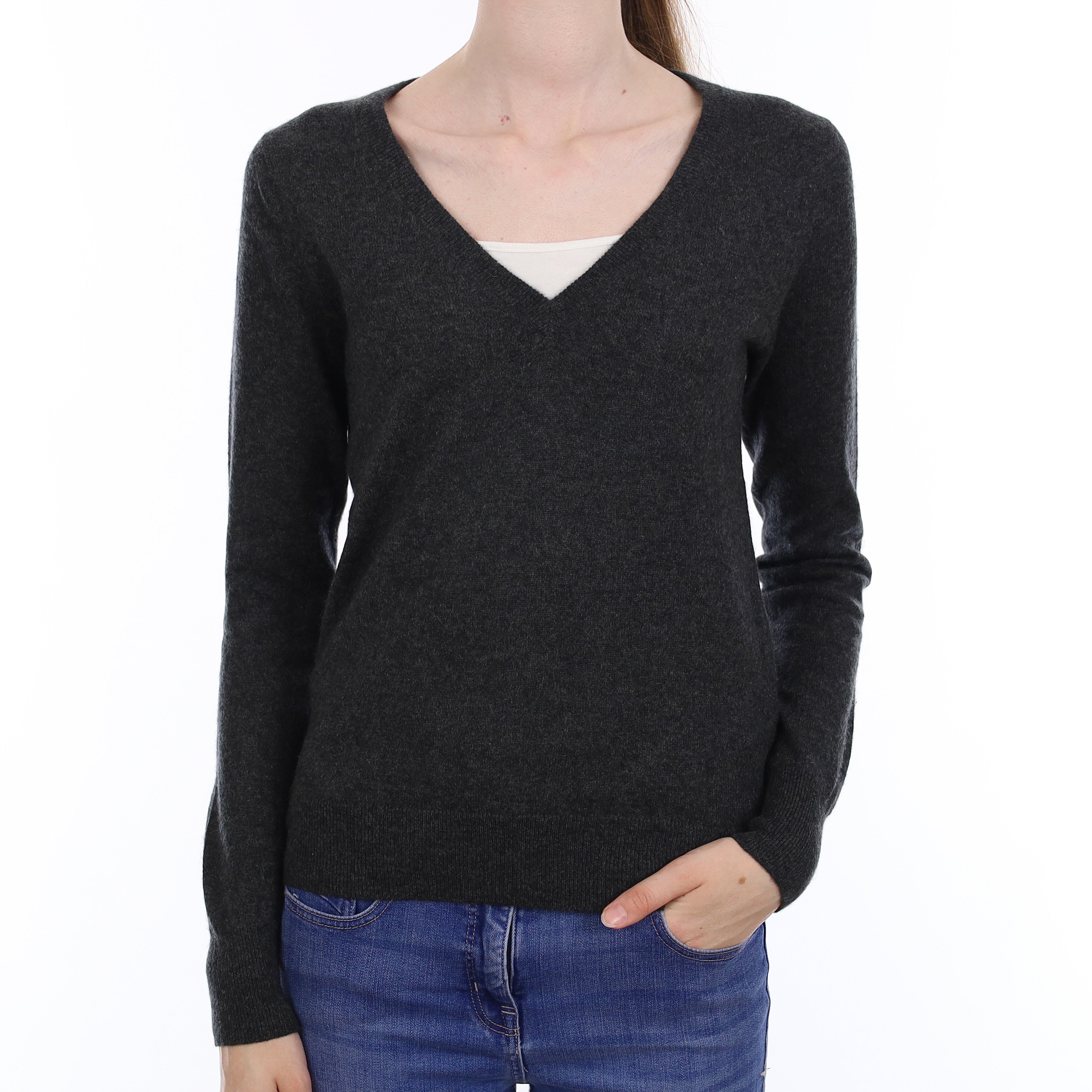Charcoal Grey Cashmere V Neck Jumper Extra Small