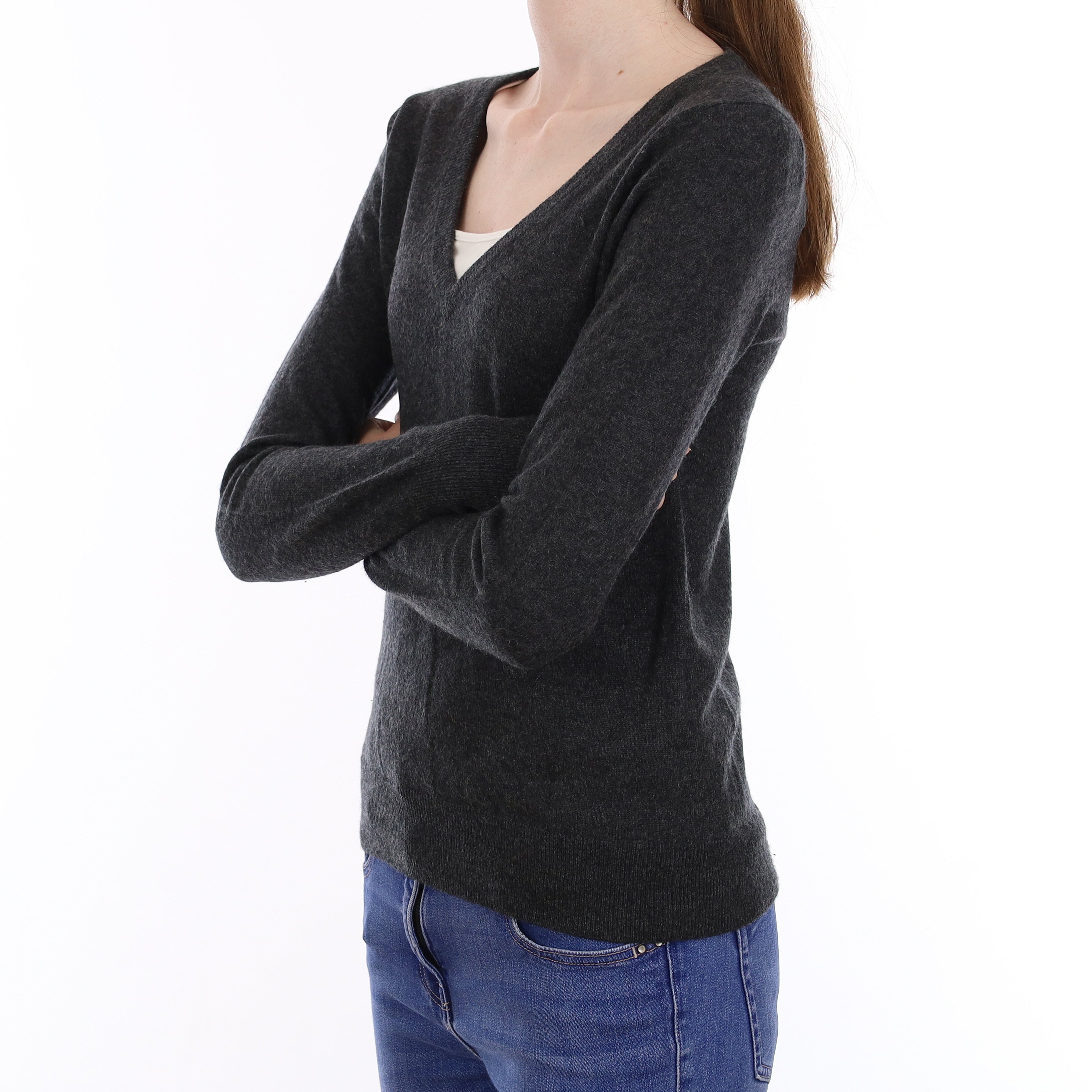 Charcoal Grey Cashmere V Neck Jumper Extra Small