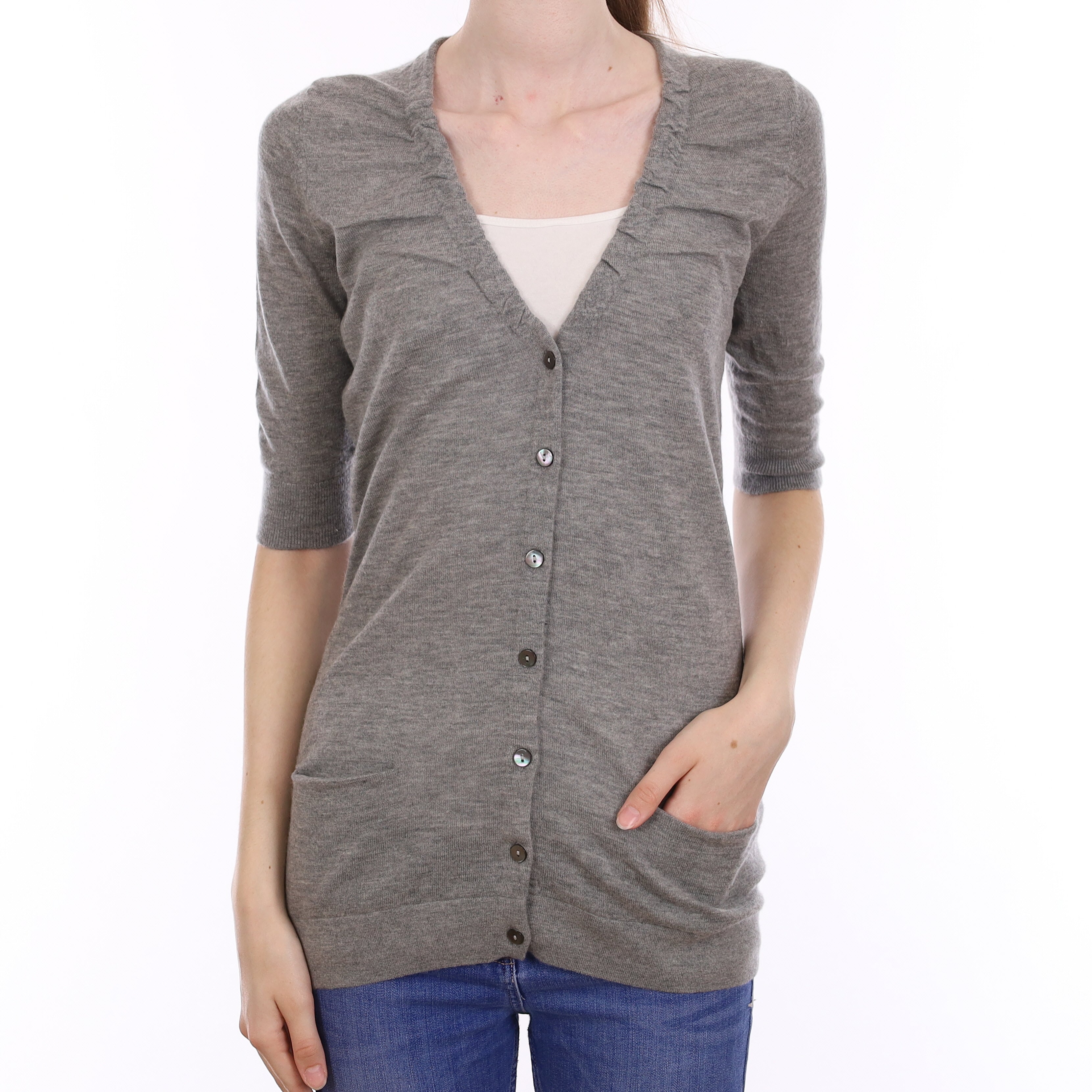 Ash Grey Fine Knit Cashmere Short Sleeve V Neck Cardigan with Pockets Extra Small