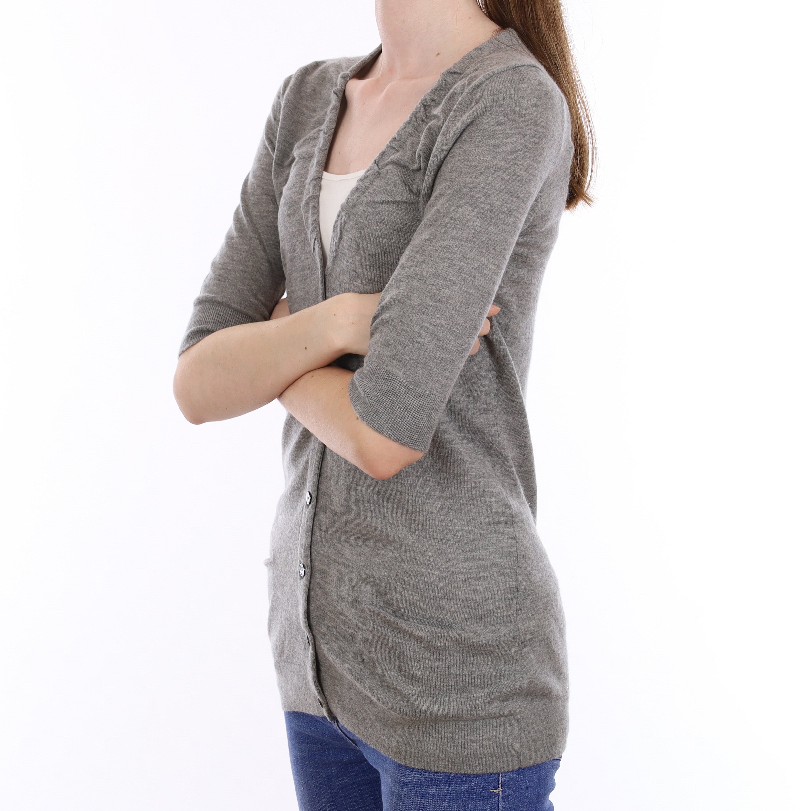 Ash Grey Fine Knit Cashmere Short Sleeve V Neck Cardigan with Pockets Extra Small