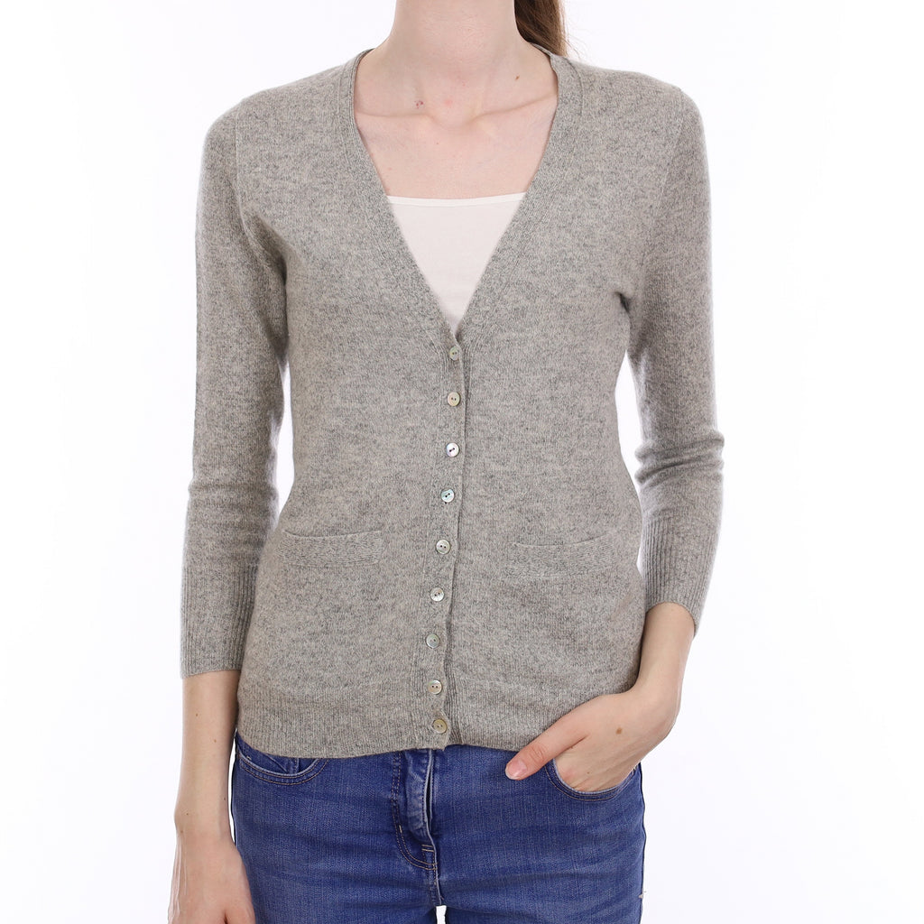 Smoke Grey Flecked Cashmere V Neck Cardigan with Pockets Extra Small