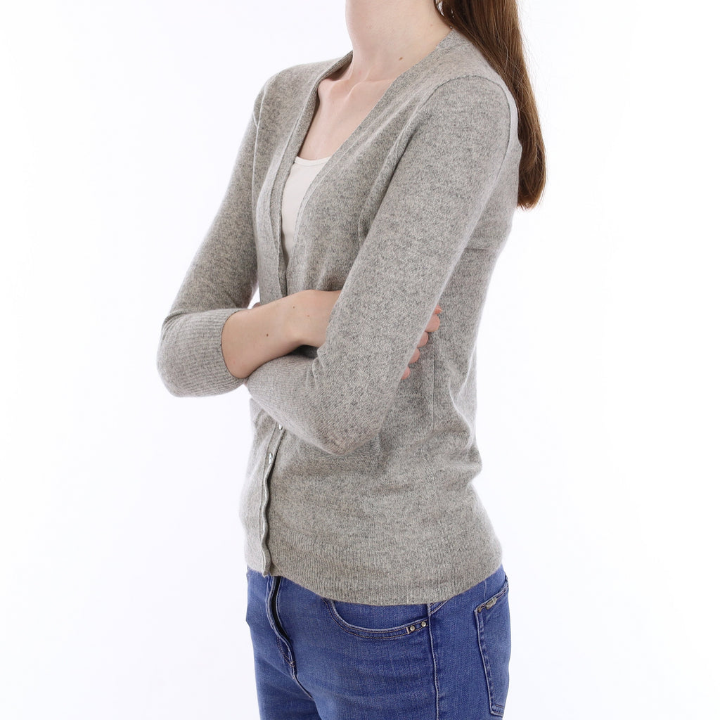 Smoke Grey Flecked Cashmere V Neck Cardigan with Pockets Extra Small