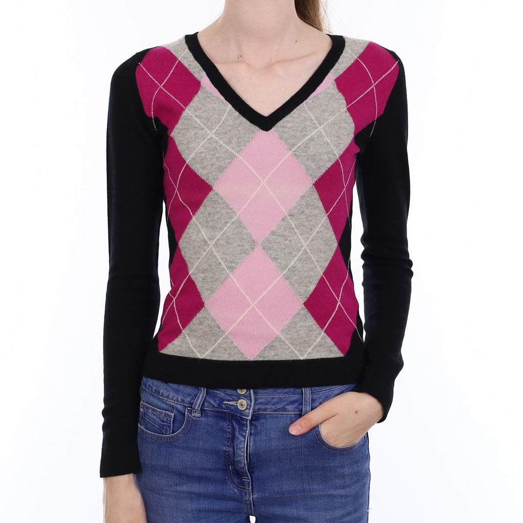 Scottish Black & Pink Argyle Cashmere V Neck Jumper Extra Small