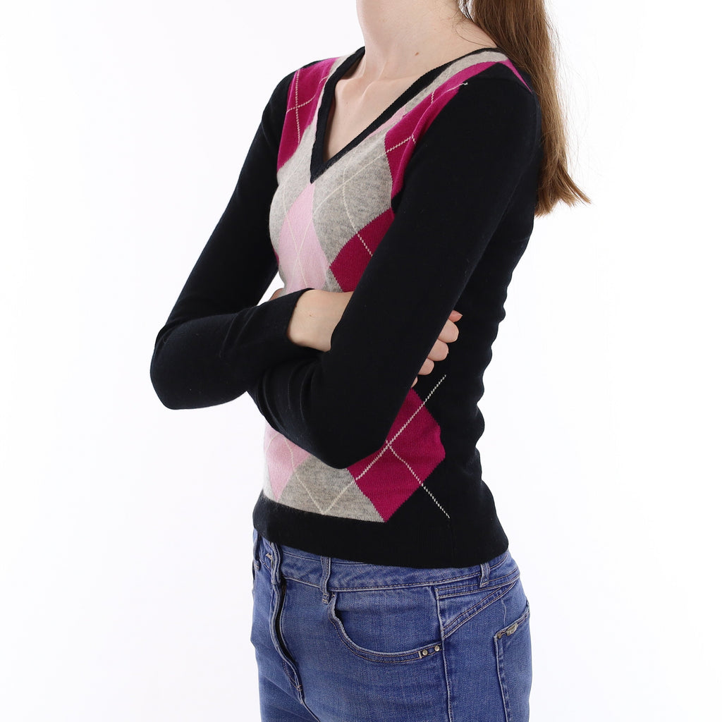 Scottish Black & Pink Argyle Cashmere V Neck Jumper Extra Small