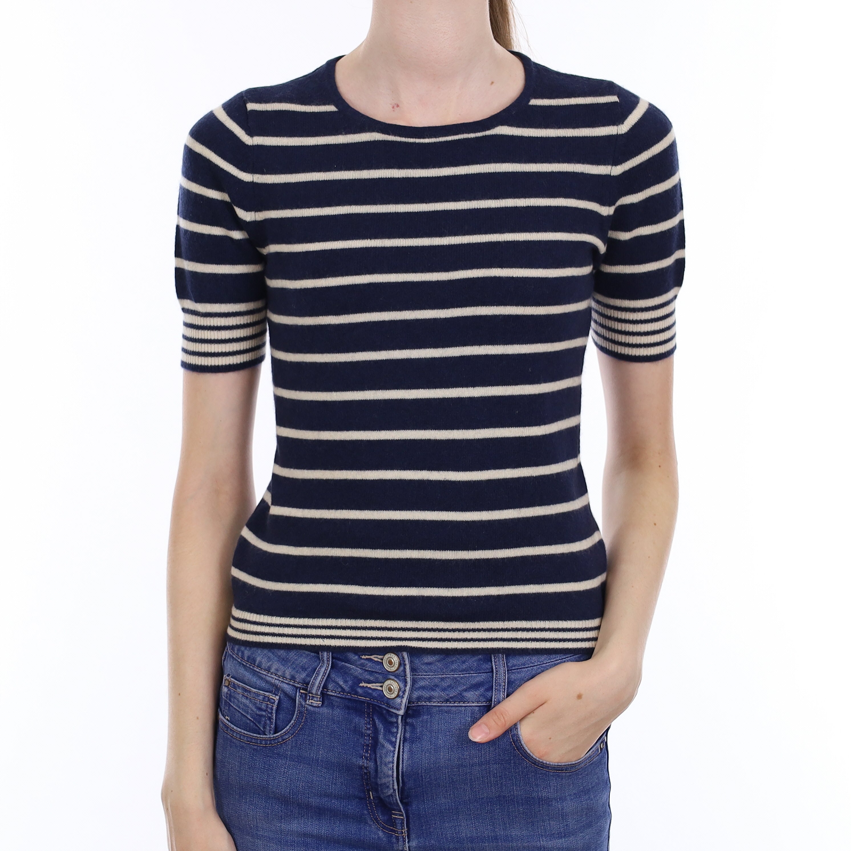 Navy & Cream Striped Cashmere Short Sleeve Crew Neck Jumper Extra Small