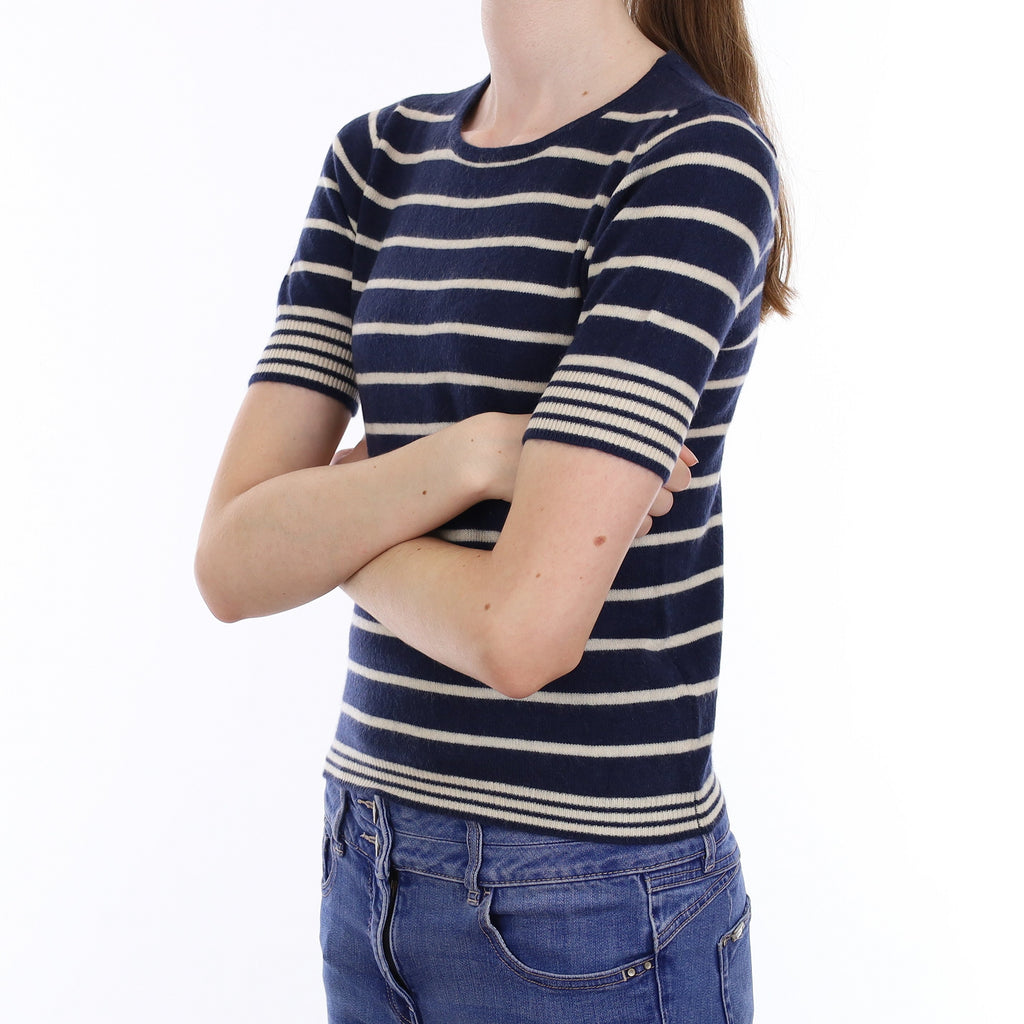 Navy & Cream Striped Cashmere Short Sleeve Crew Neck Jumper Extra Small