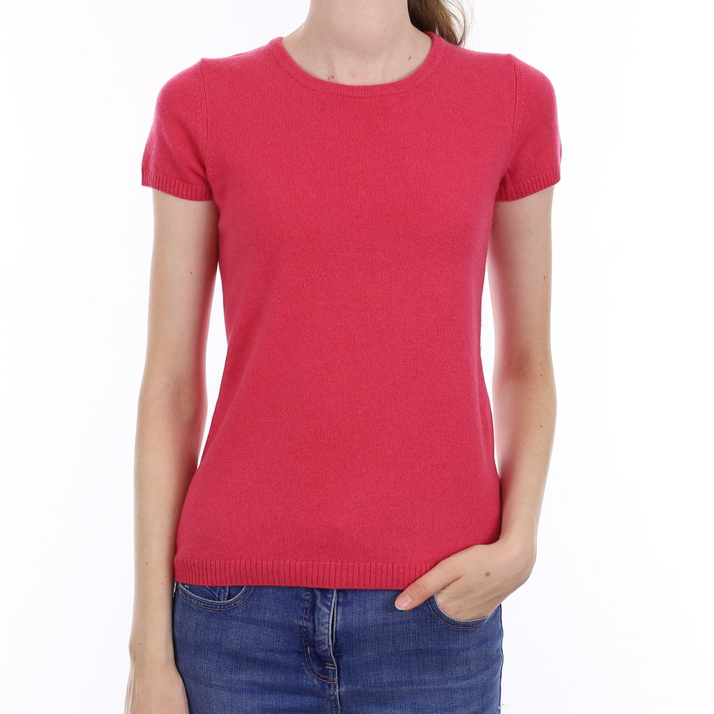 Fuchsia Pink Cashmere Short Sleeve Crew Neck Jumper Extra Small