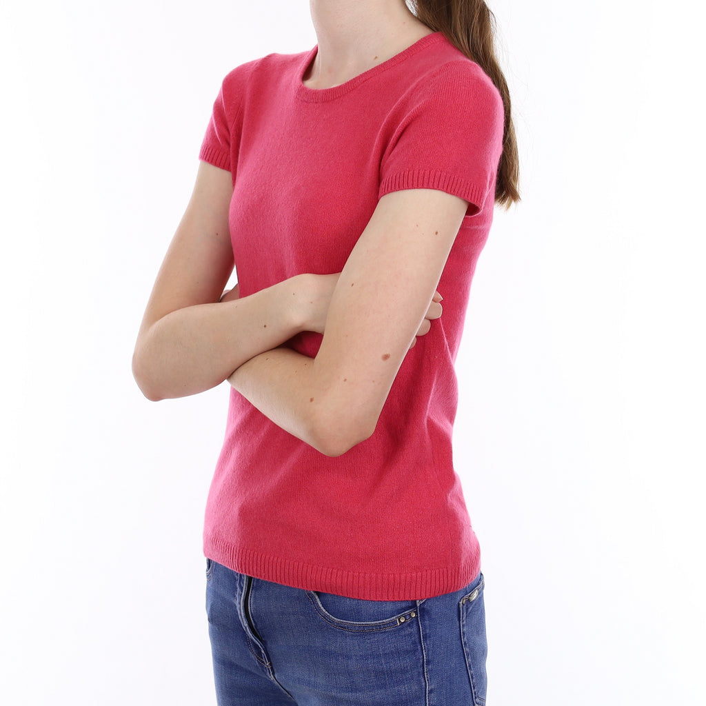 Fuchsia Pink Cashmere Short Sleeve Crew Neck Jumper Extra Small