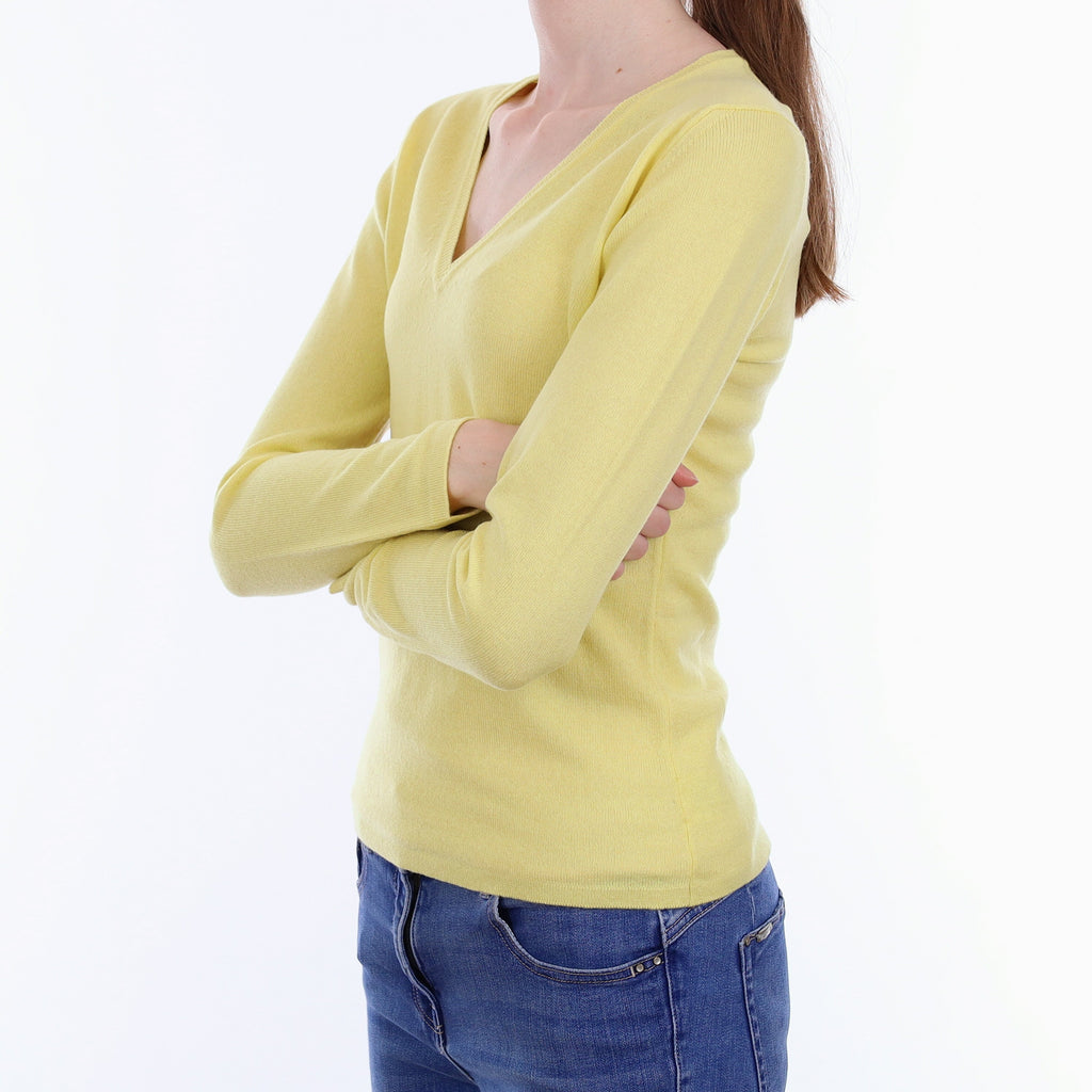 Brand New Scottish Neon Yellow Cashmere V Neck Jumper Extra Small