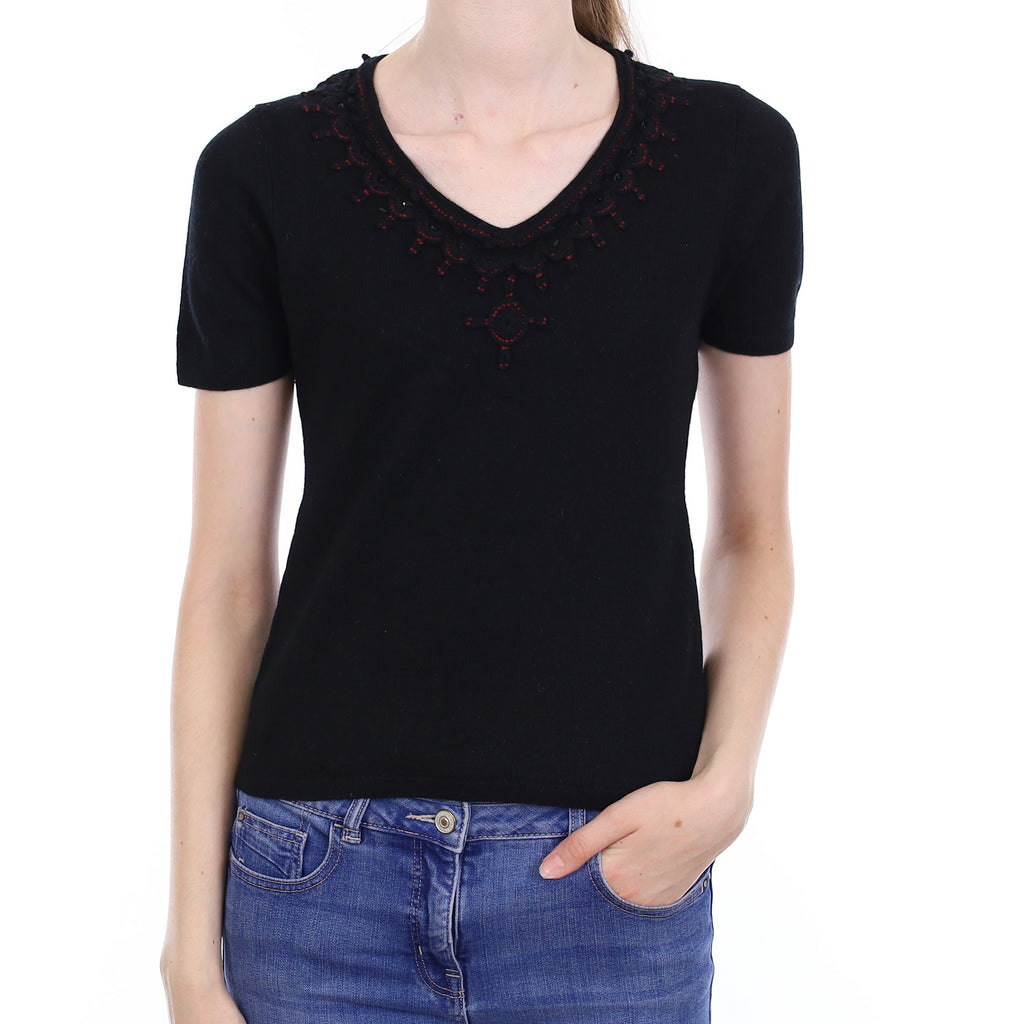 Black Cashmere Short Sleeve V Neck Jumper Extra Small