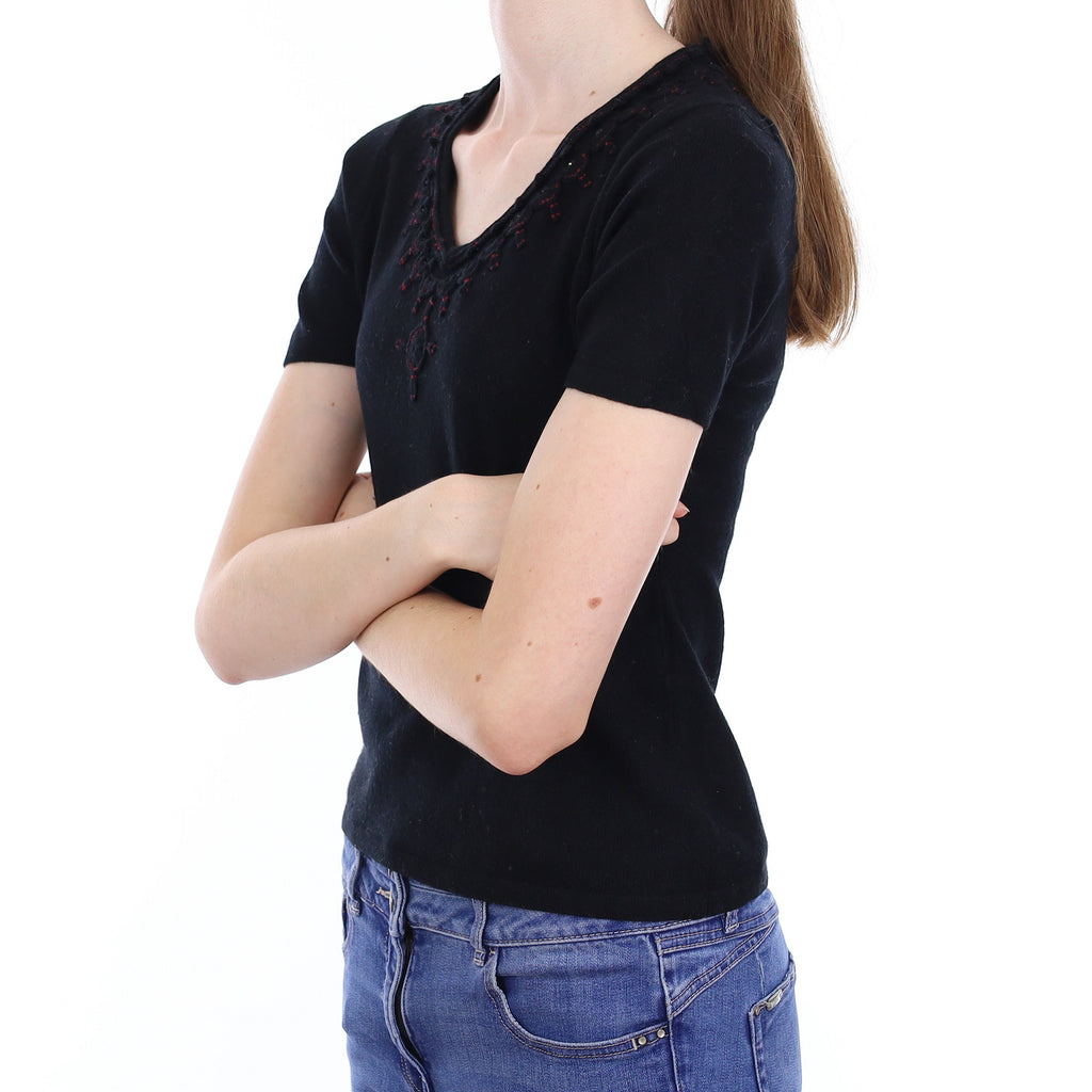 Black Cashmere Short Sleeve V Neck Jumper Extra Small