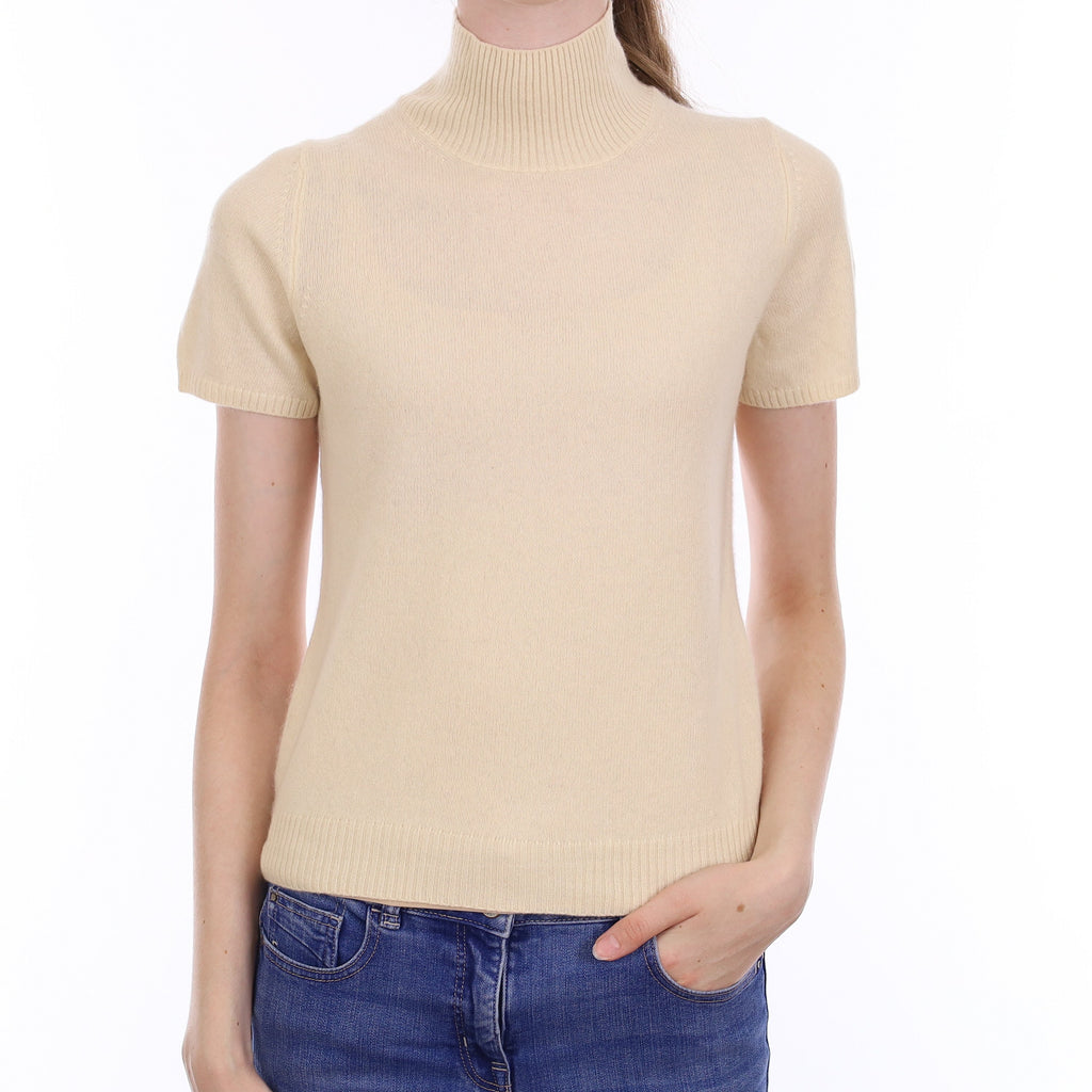 Vanilla Cream Cashmere Short Sleeve Turtle Neck Jumper Extra Small