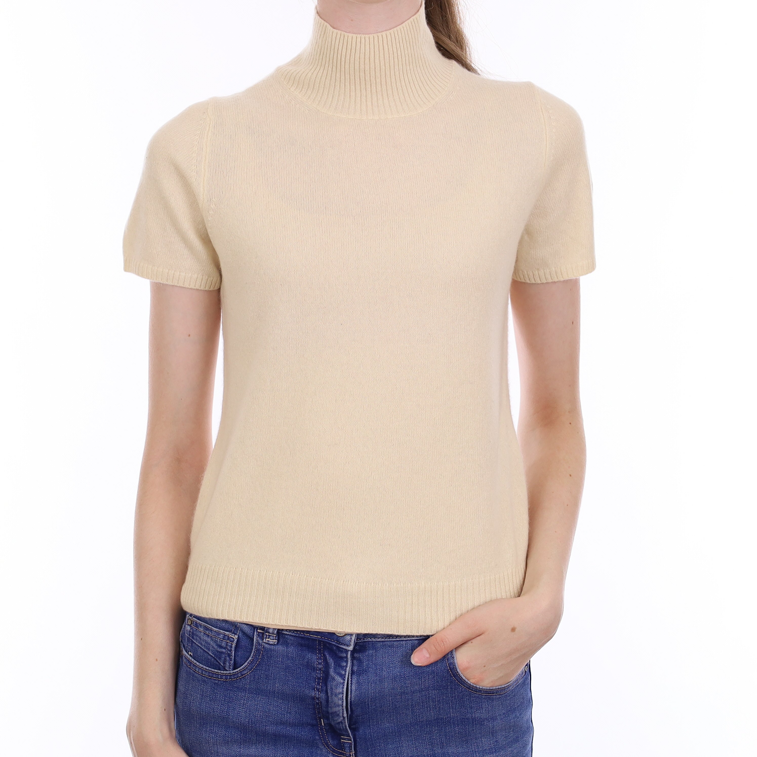Vanilla Cream Cashmere Short Sleeve Turtle Neck Jumper Extra Small