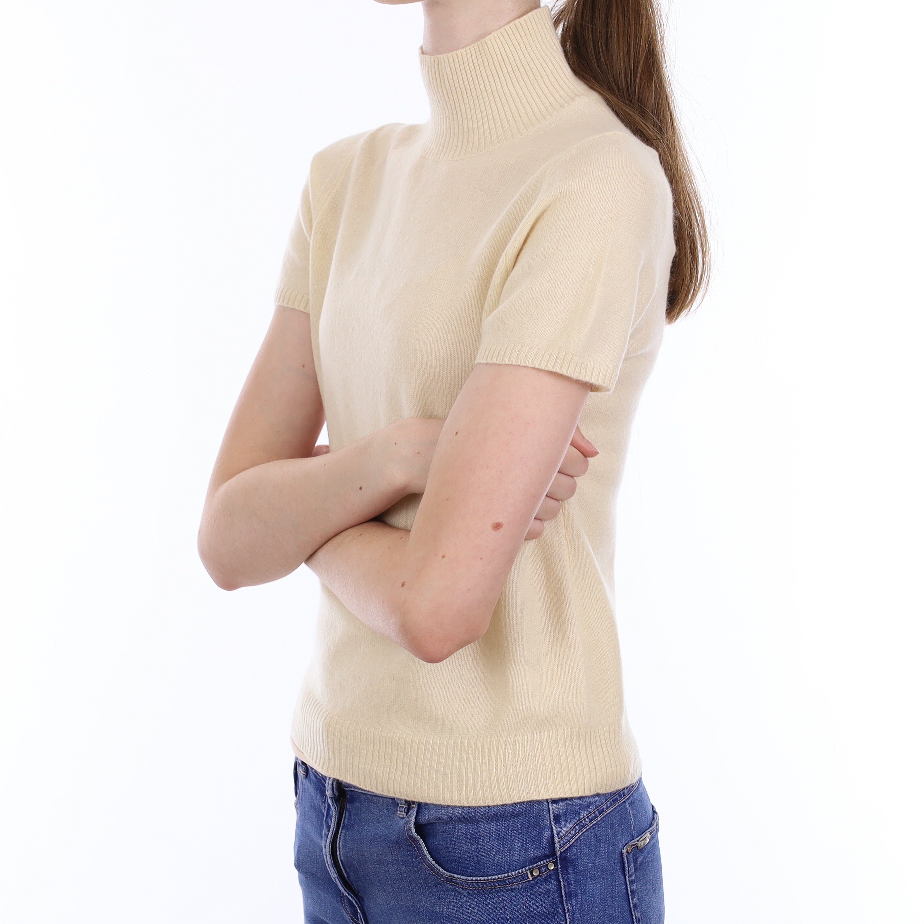 Vanilla Cream Cashmere Short Sleeve Turtle Neck Jumper Extra Small