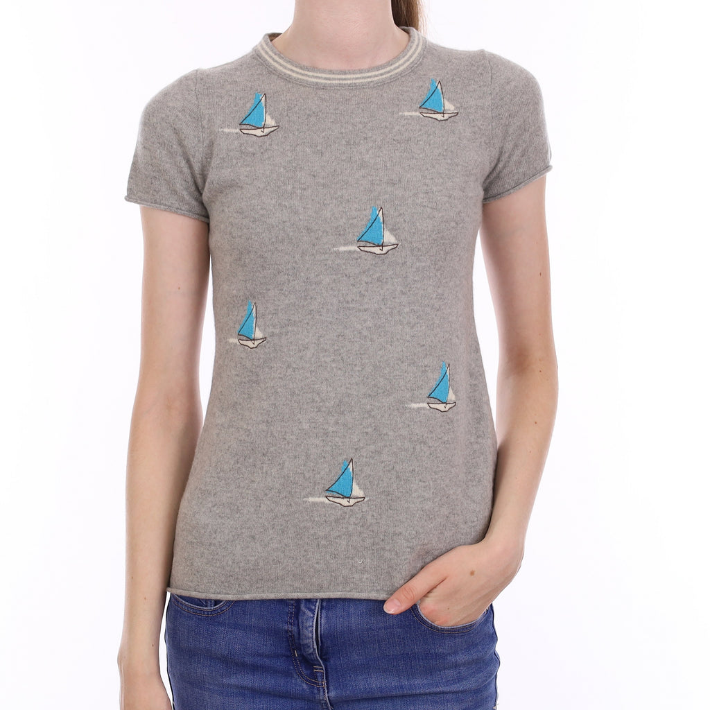 Grey Sailing Design Cashmere Short Sleeve Crew Neck Jumper Extra Small