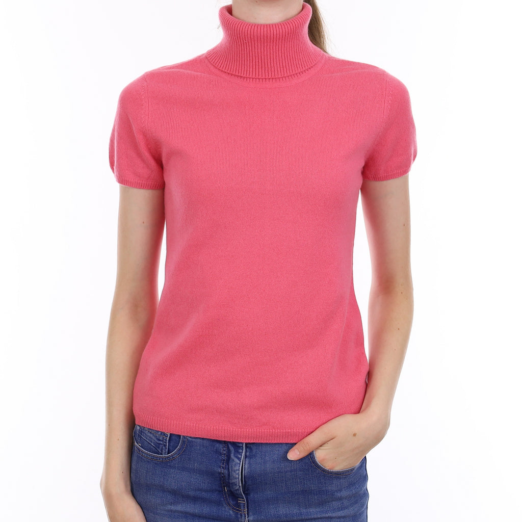 Neon Pink Cashmere Short Sleeve Polo Neck Jumper Extra Small