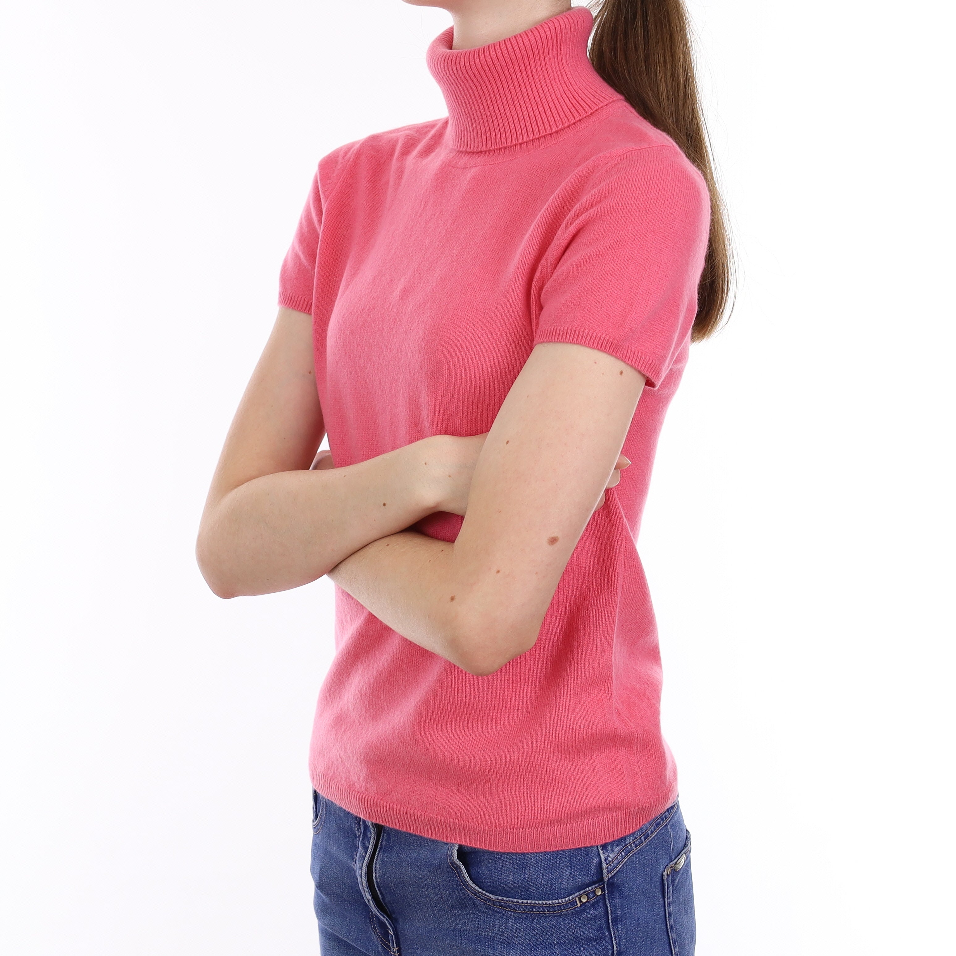 Neon Pink Cashmere Short Sleeve Polo Neck Jumper Extra Small