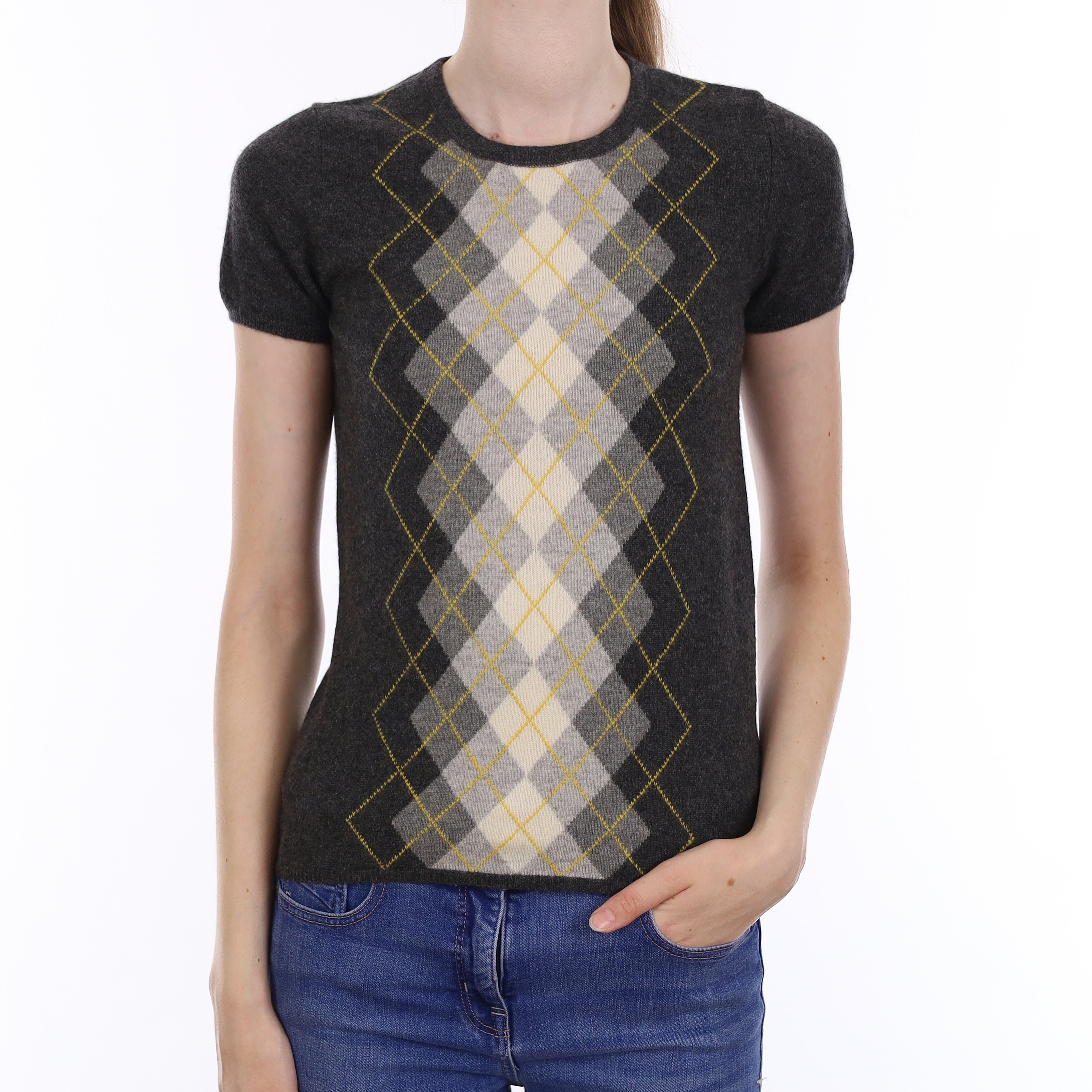 Grey & Yellow Argyle Cashmere Short Sleeve Crew Neck Jumper Extra Small