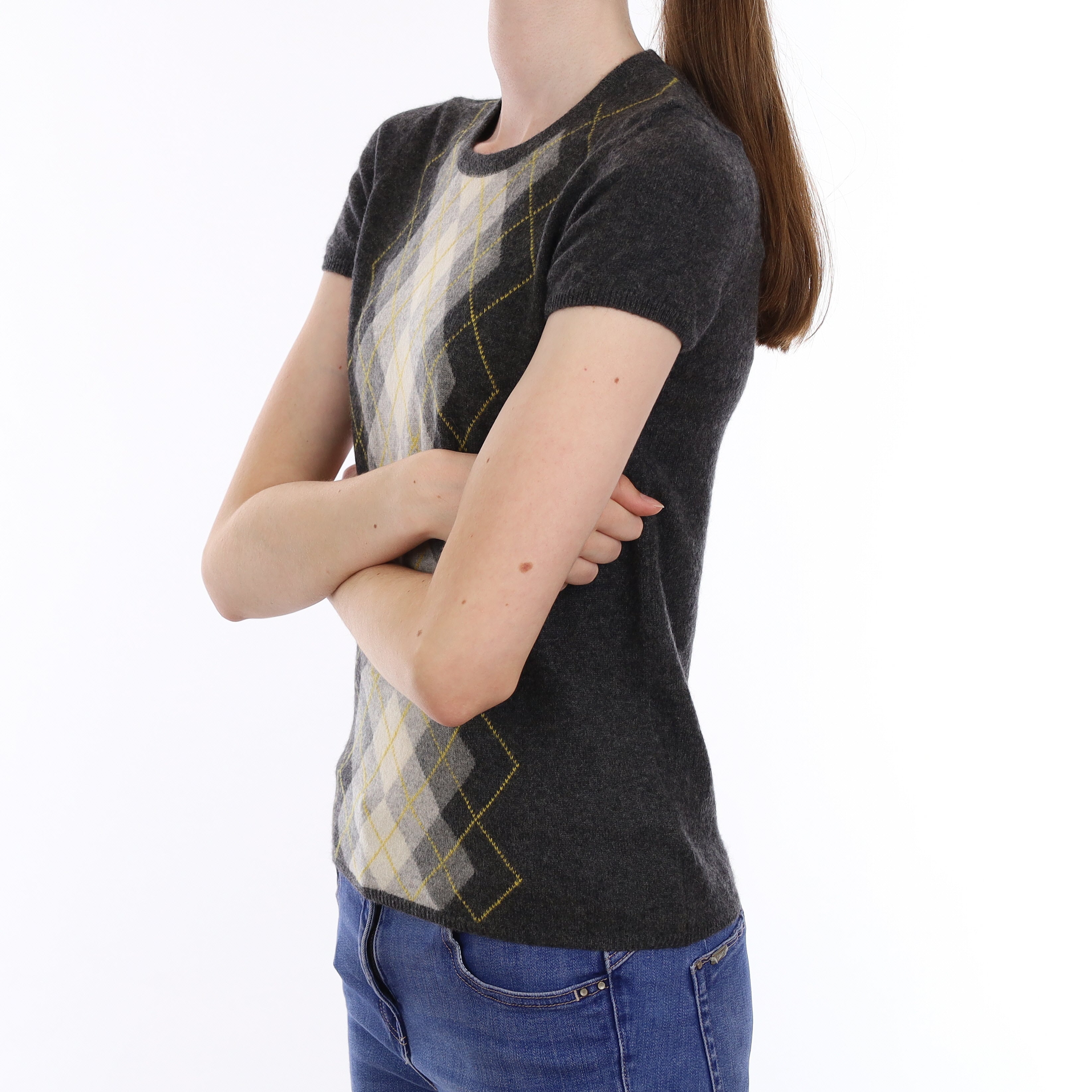 Grey & Yellow Argyle Cashmere Short Sleeve Crew Neck Jumper Extra Small