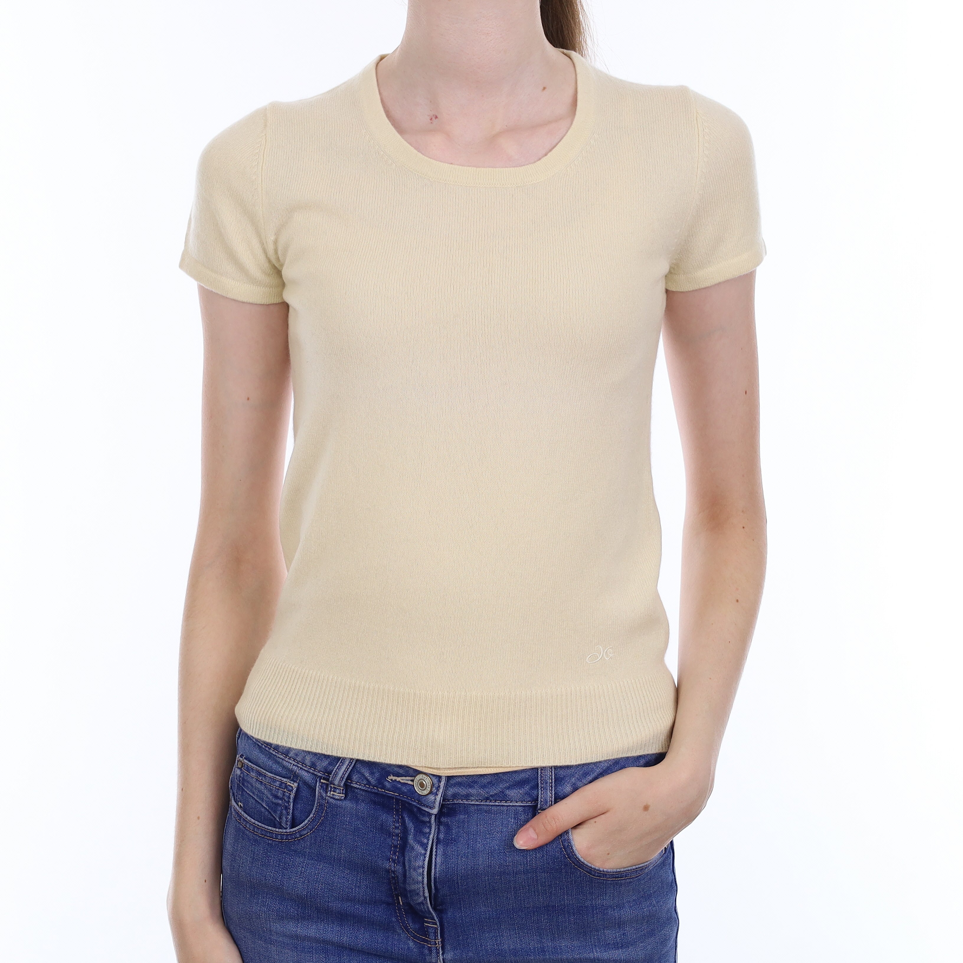 Vanilla Cream Cashmere Short Sleeve Crew Neck Jumper Extra Small
