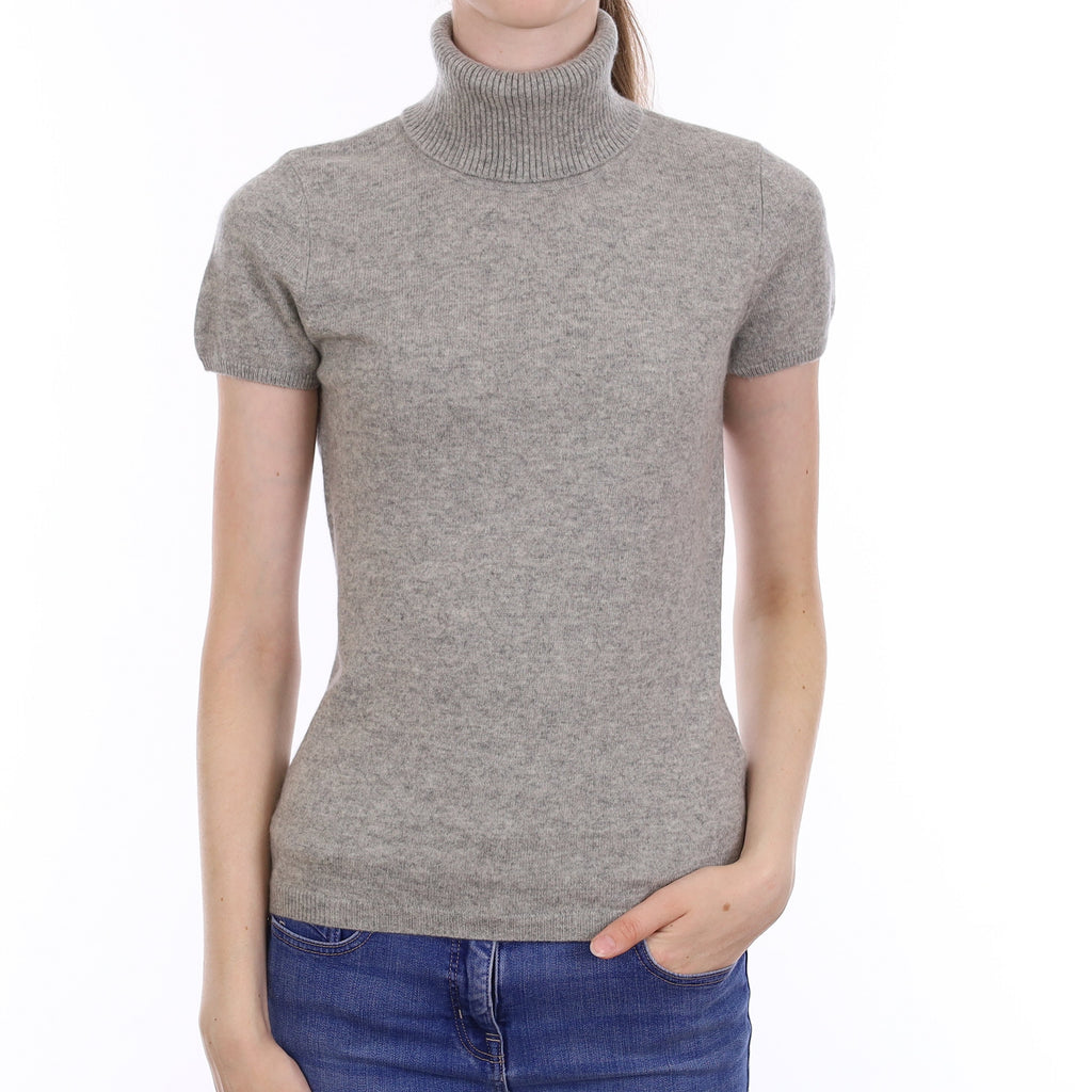 Smoke Grey Cashmere Short Sleeve Polo Neck Jumper Extra Small