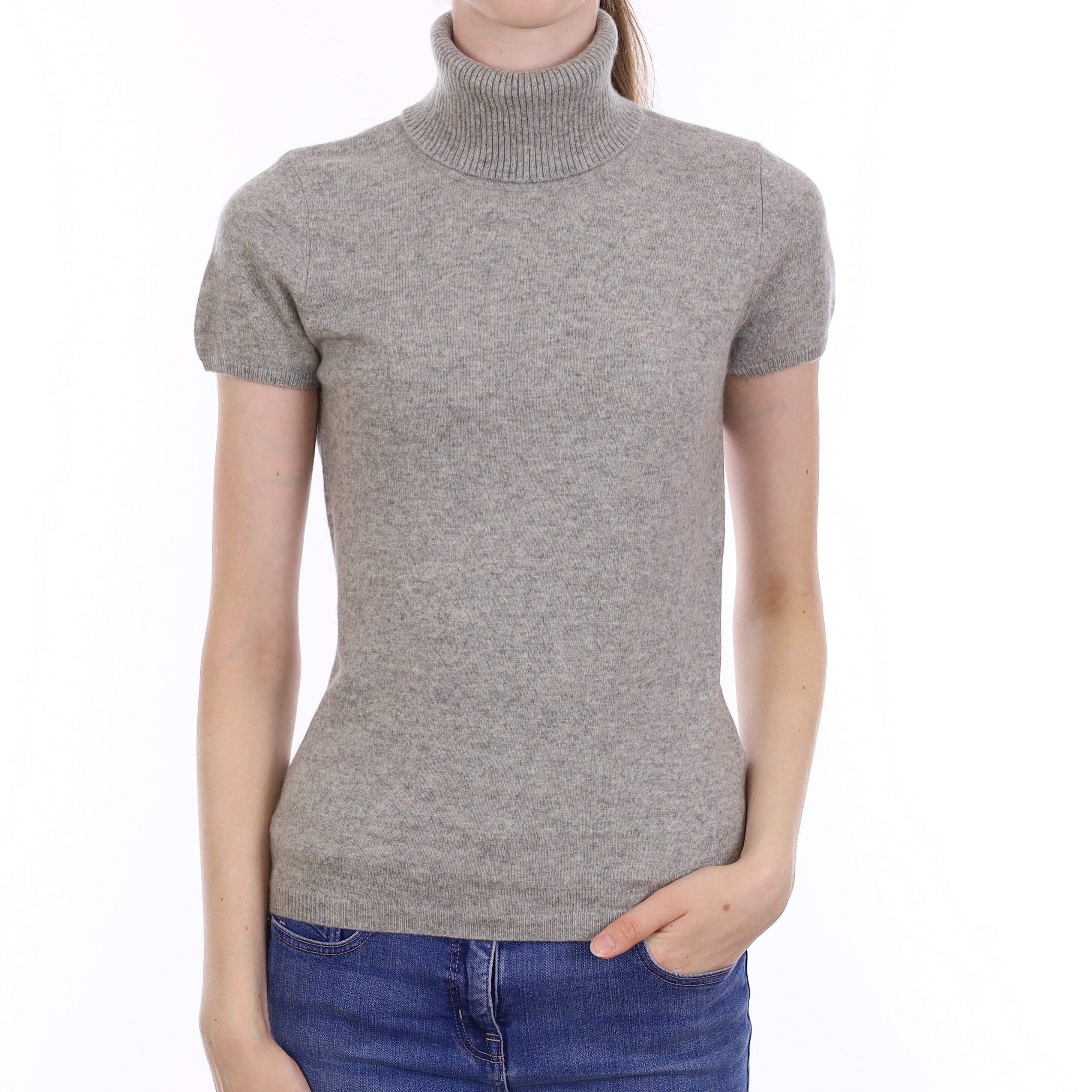 Smoke Grey Cashmere Short Sleeve Polo Neck Jumper Extra Small