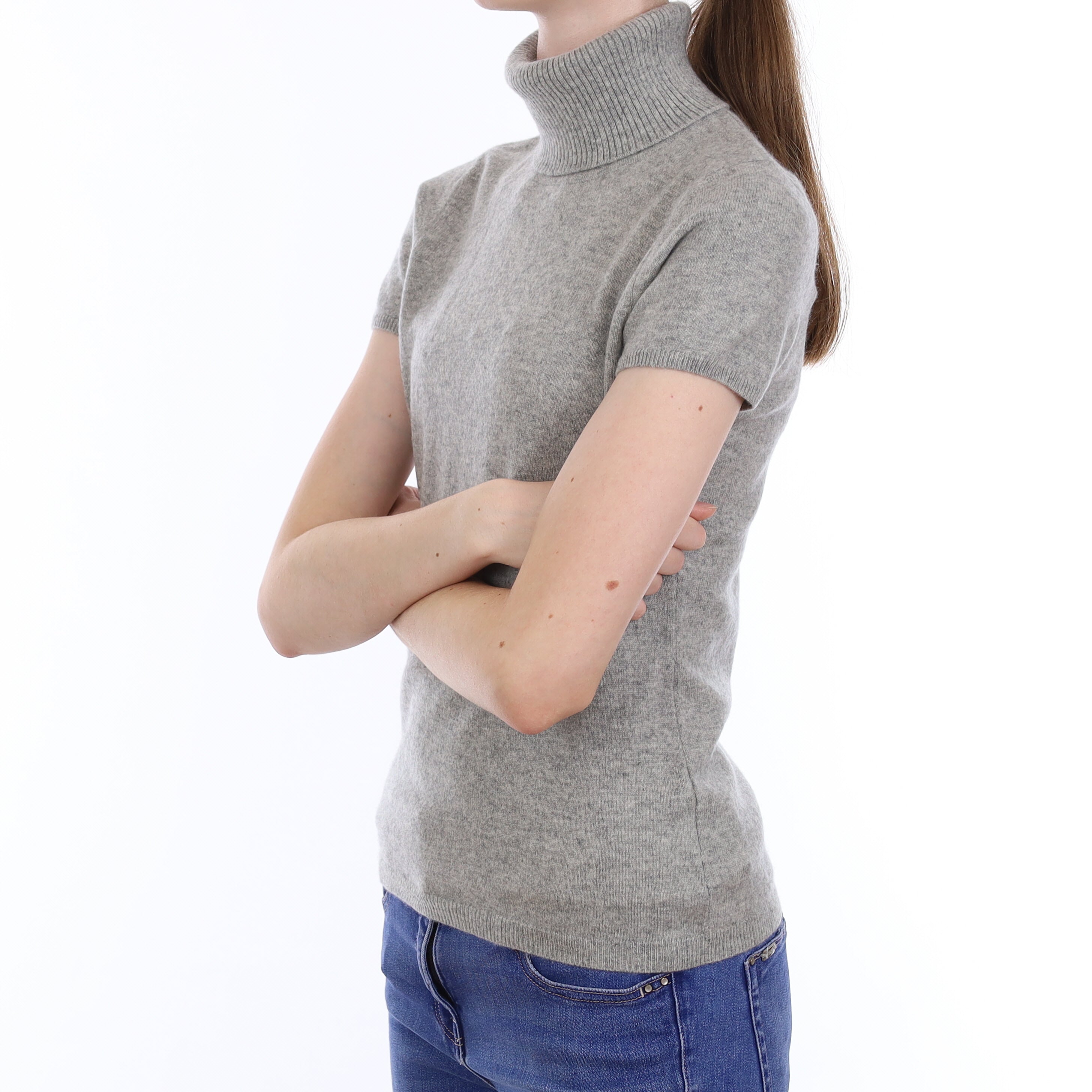 Smoke Grey Cashmere Short Sleeve Polo Neck Jumper Extra Small