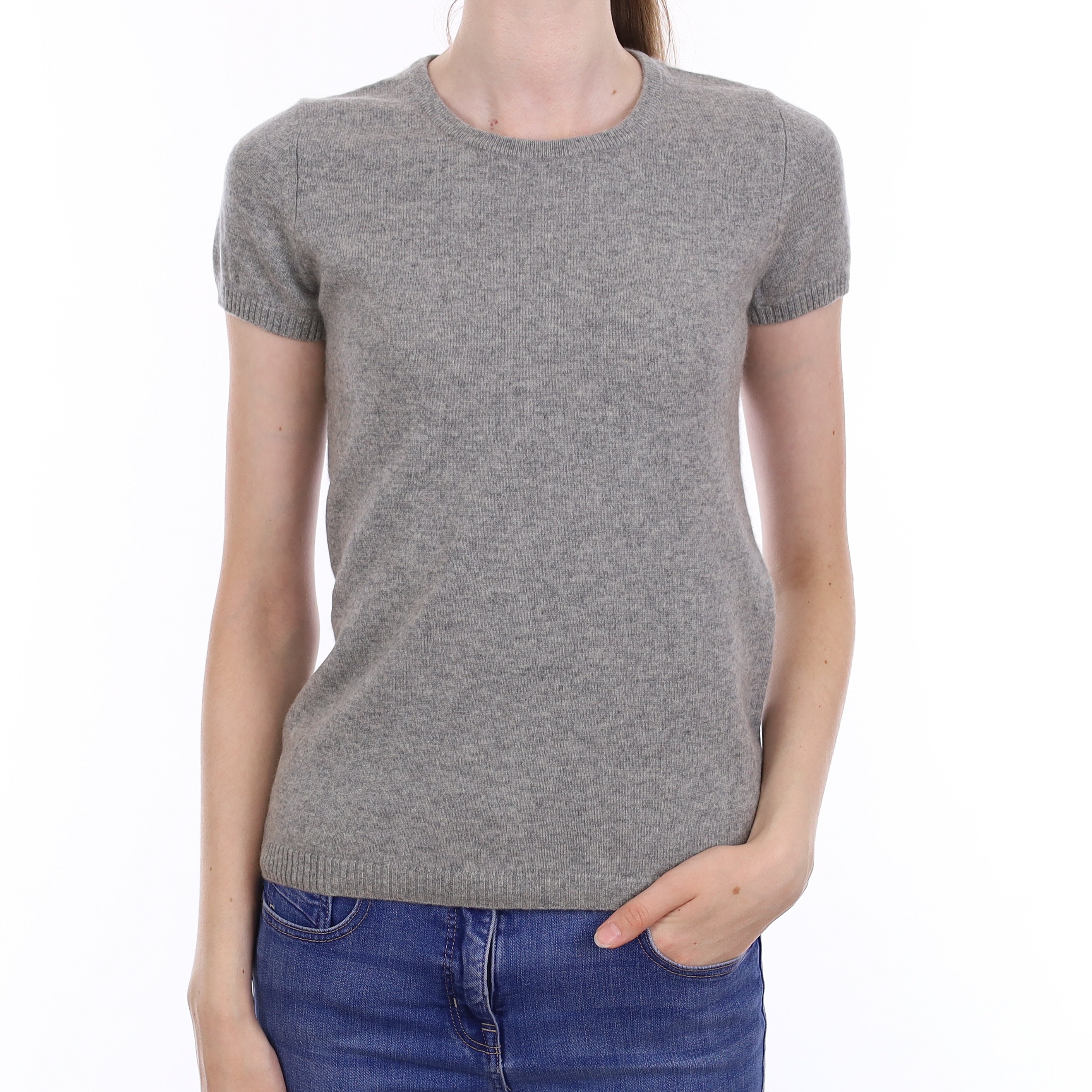 Smoke Grey Cashmere Short Sleeve Crew Neck Jumper Extra Small
