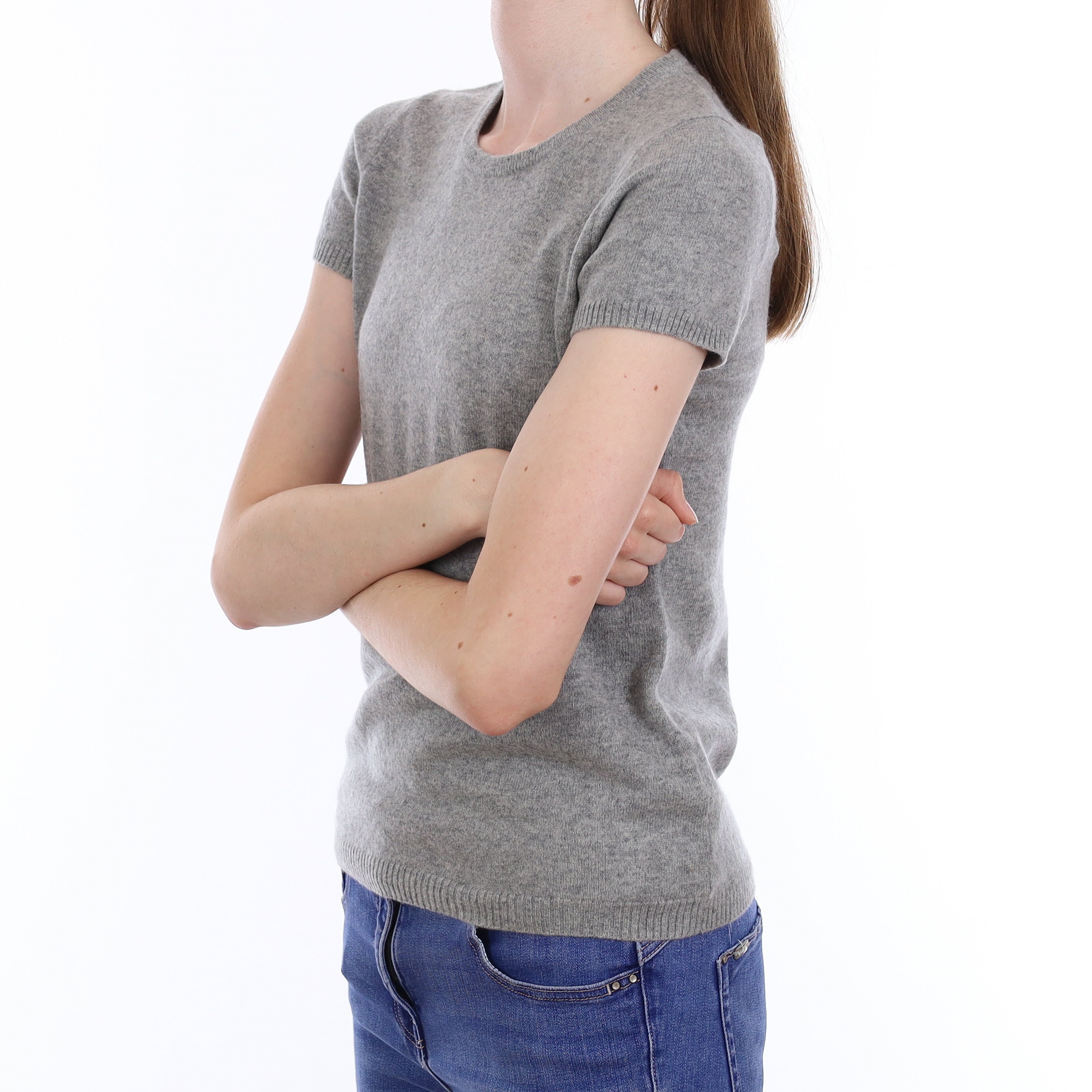 Smoke Grey Cashmere Short Sleeve Crew Neck Jumper Extra Small