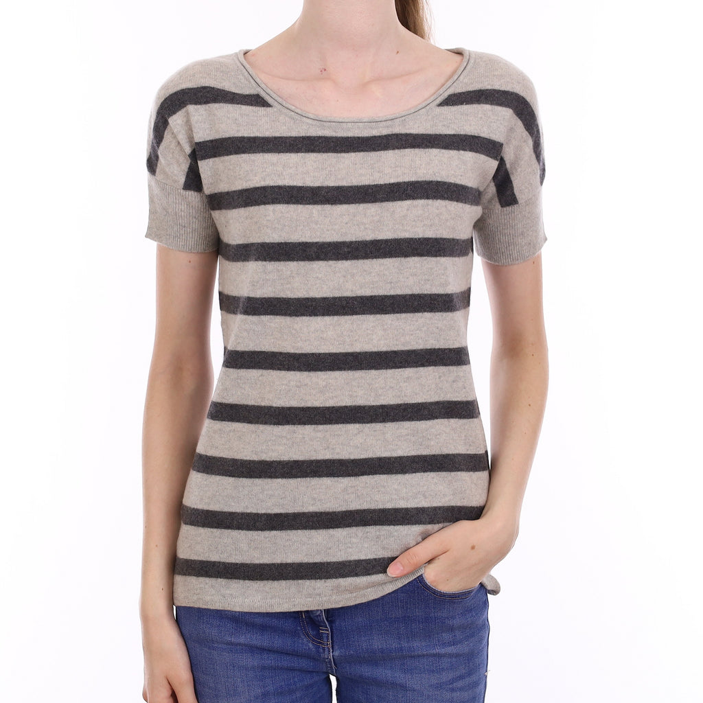 Charcoal & Smoke Grey Striped Cashmere Short Sleeved Boat Neck Jumper Extra Small
