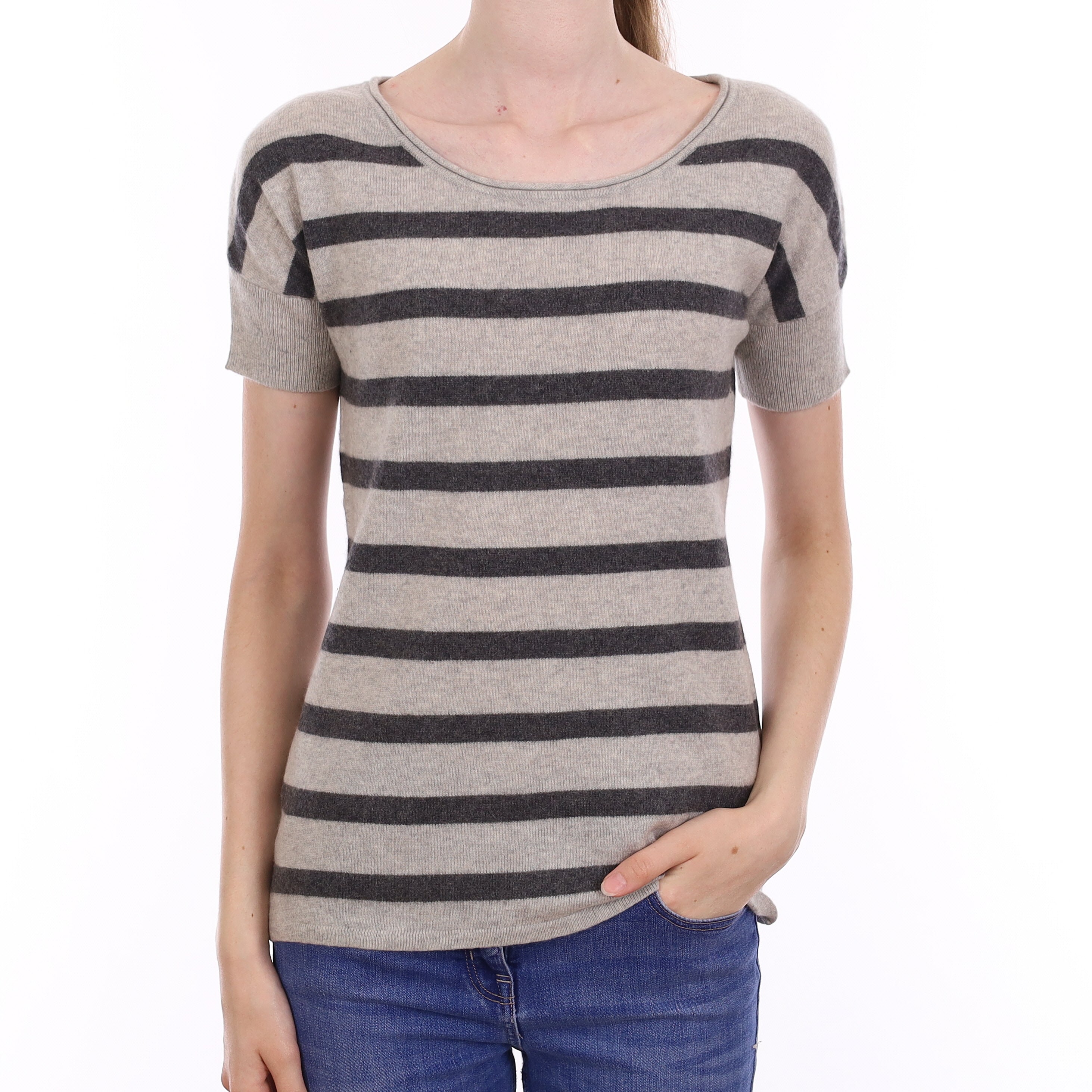 Charcoal & Smoke Grey Striped Cashmere Short Sleeved Boat Neck Jumper Extra Small