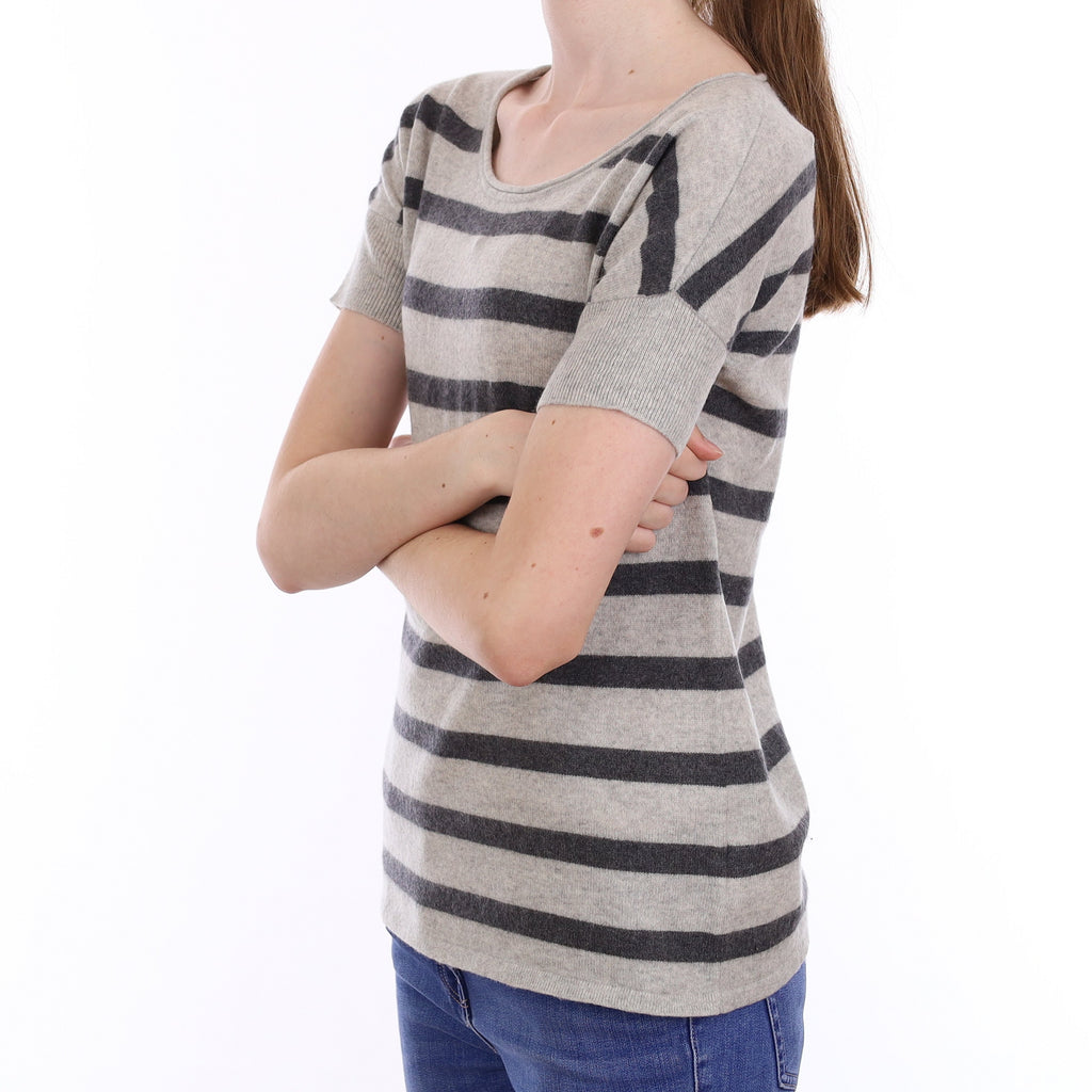 Charcoal & Smoke Grey Striped Cashmere Short Sleeved Boat Neck Jumper Extra Small