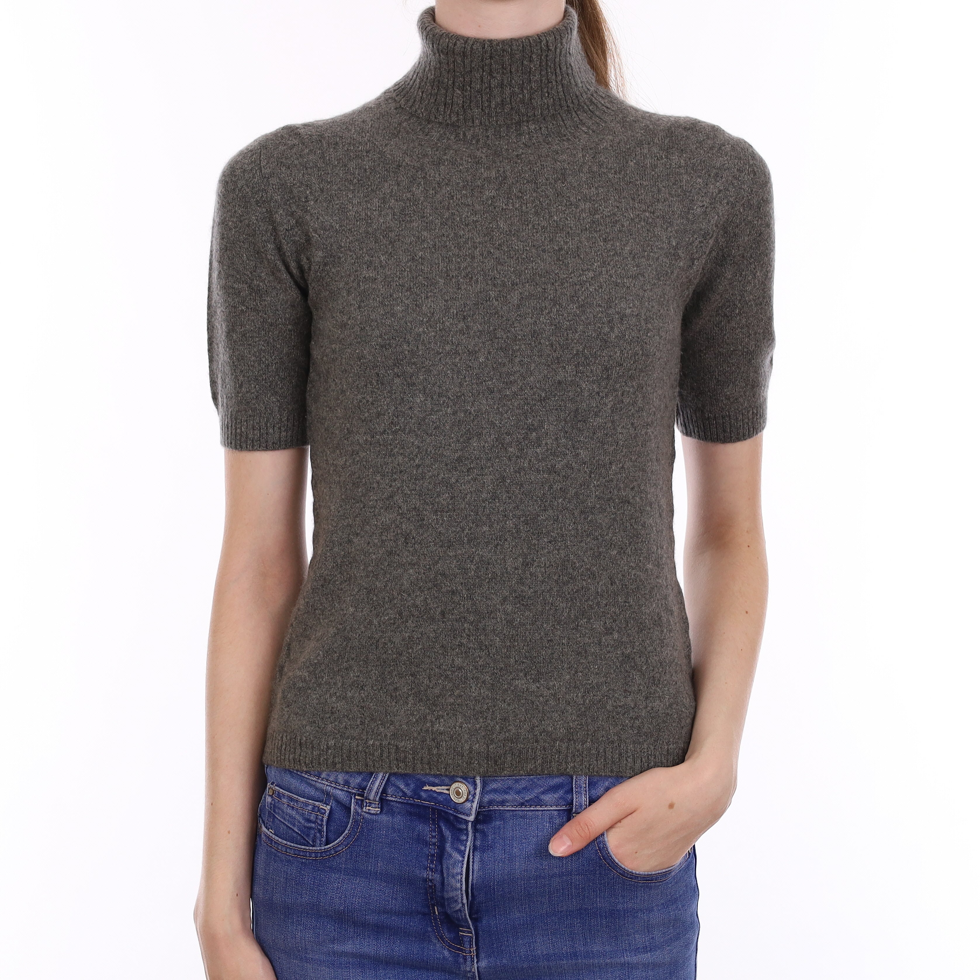 Slate Grey Cashmere Short Sleeve Polo Neck Jumper Extra Small