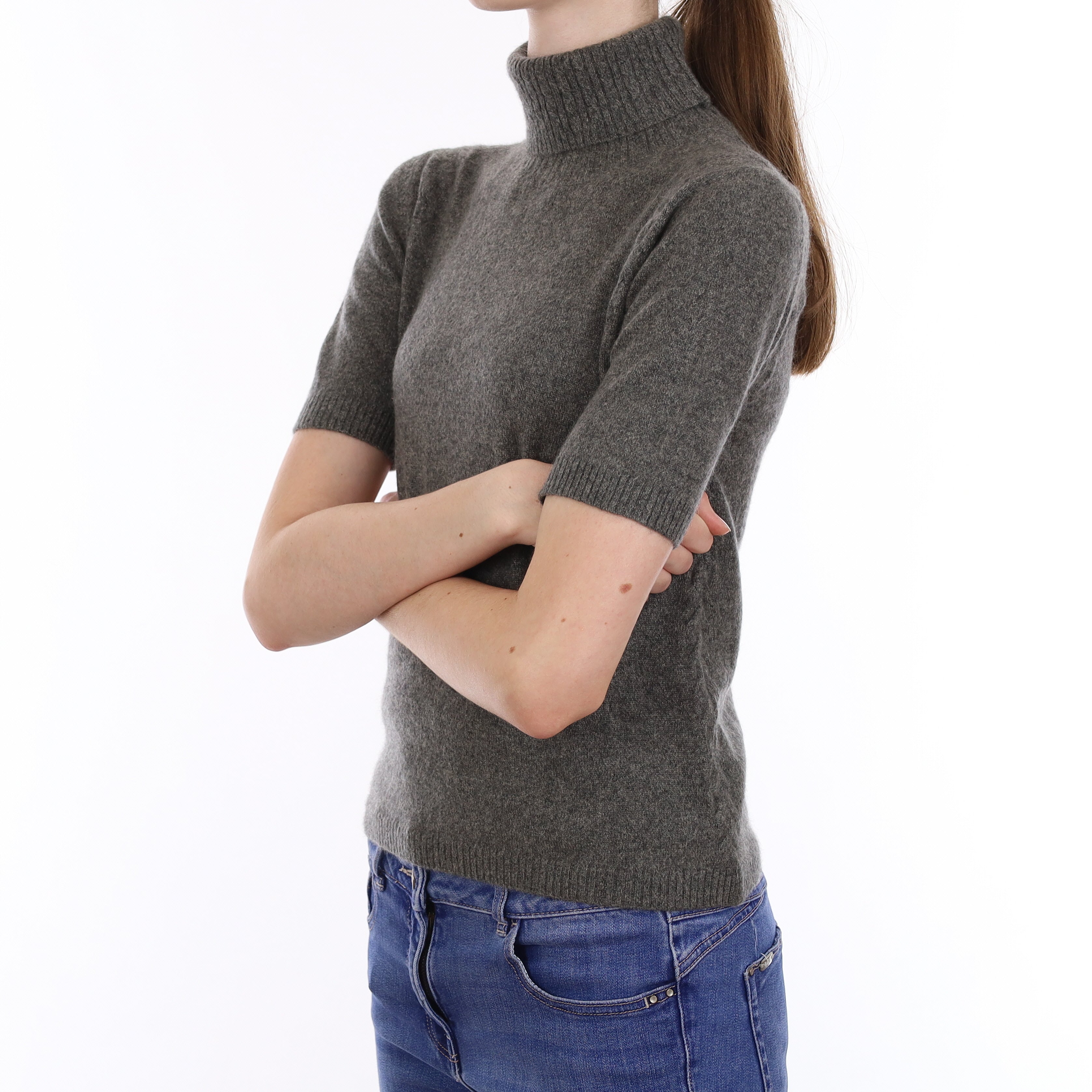 Slate Grey Cashmere Short Sleeve Polo Neck Jumper Extra Small