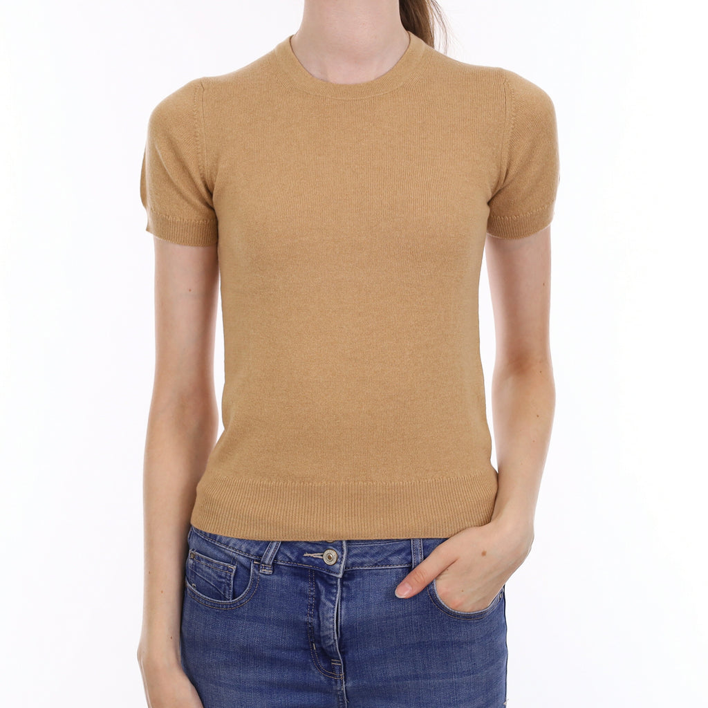 Brand New Scottish Camel Brown Cashmere Short Sleeve Crew Neck Jumper Extra Small