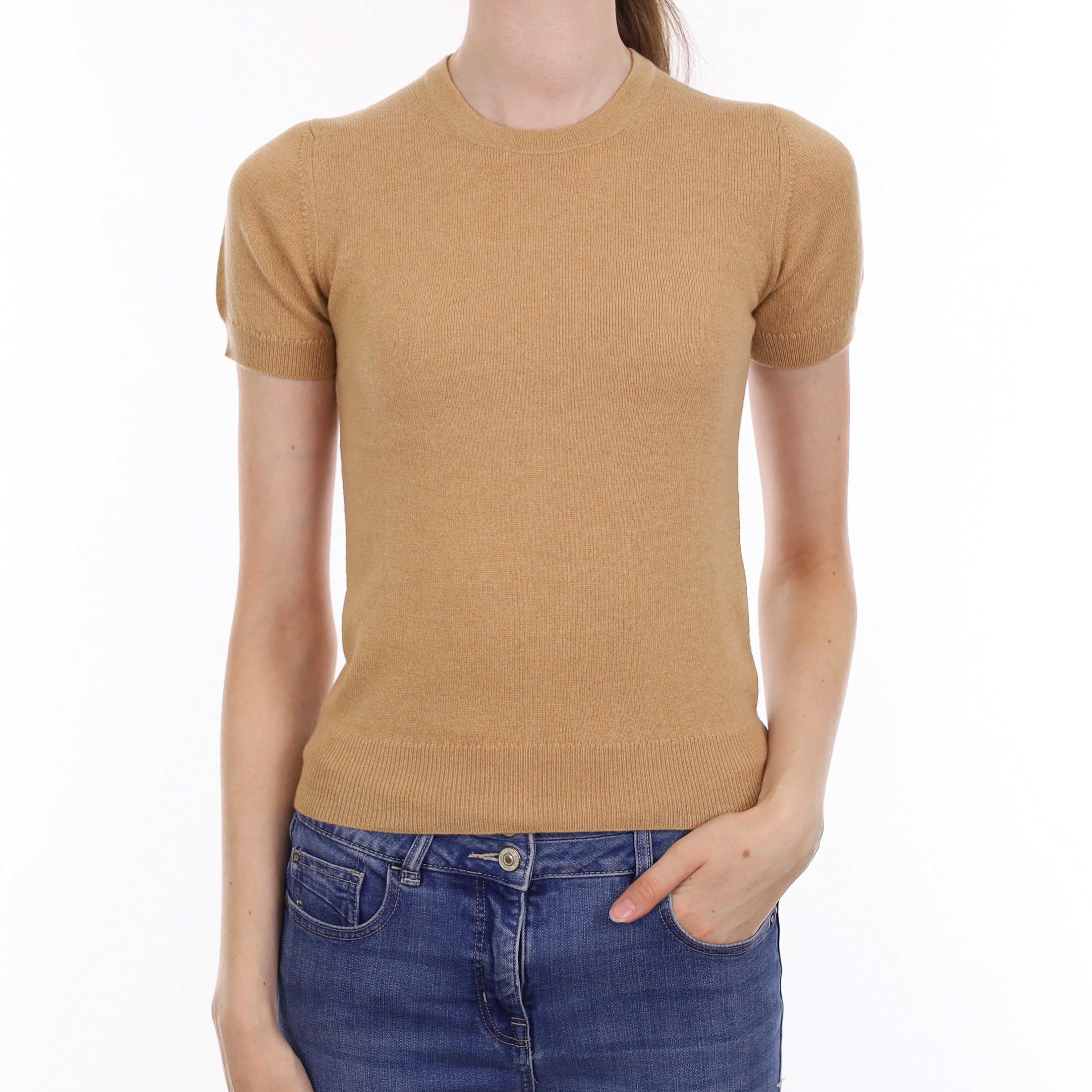 Brand New Scottish Camel Brown Cashmere Short Sleeve Crew Neck Jumper Extra Small