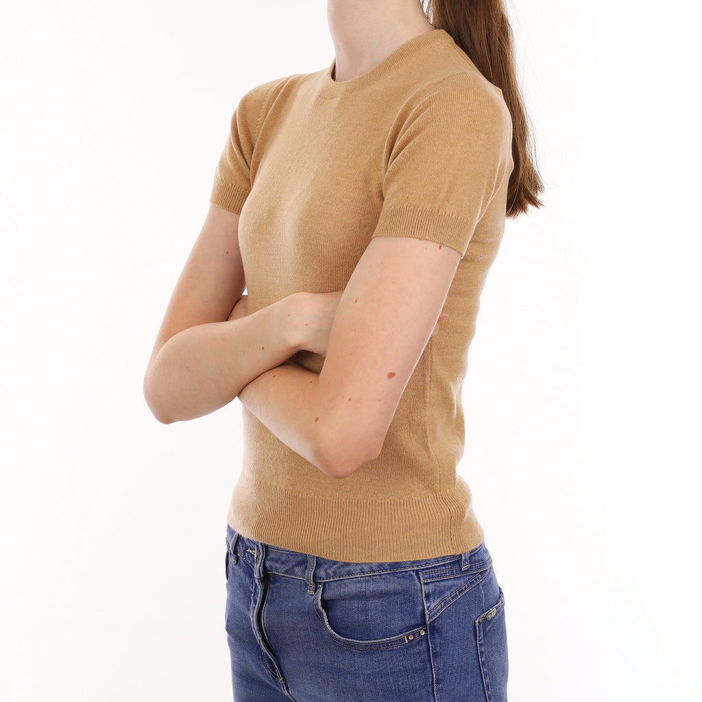 Brand New Scottish Camel Brown Cashmere Short Sleeve Crew Neck Jumper Extra Small
