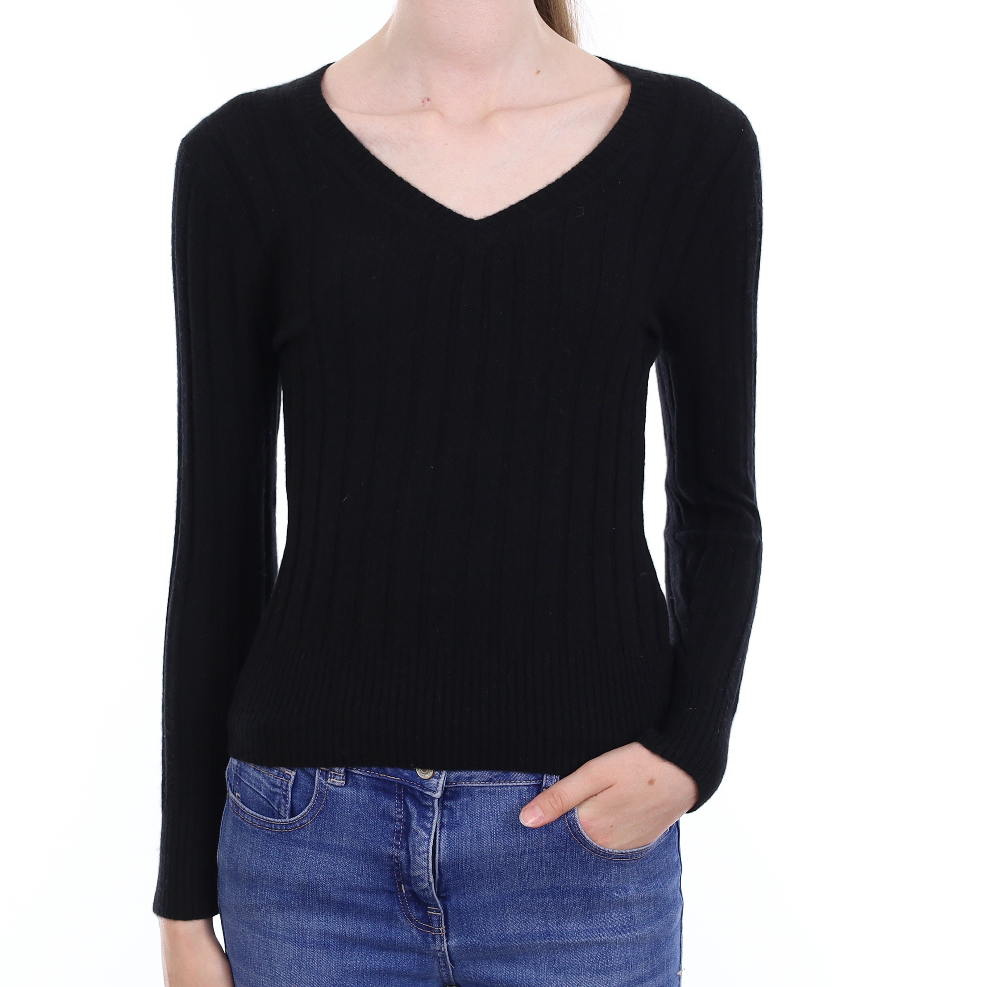 Black Rib Knit Cashmere V Neck Jumper Extra Small